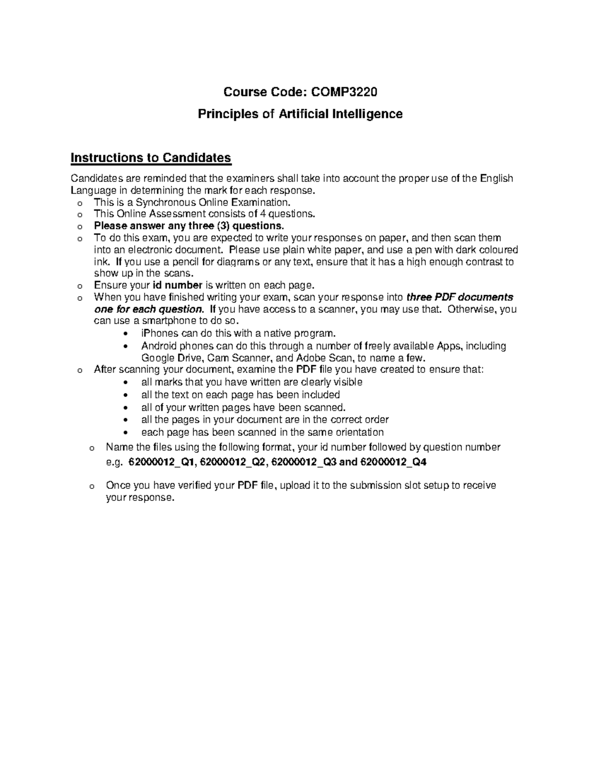 COMP3220 2021-22 Principles of AI Final Exam Instructions & Questions ...