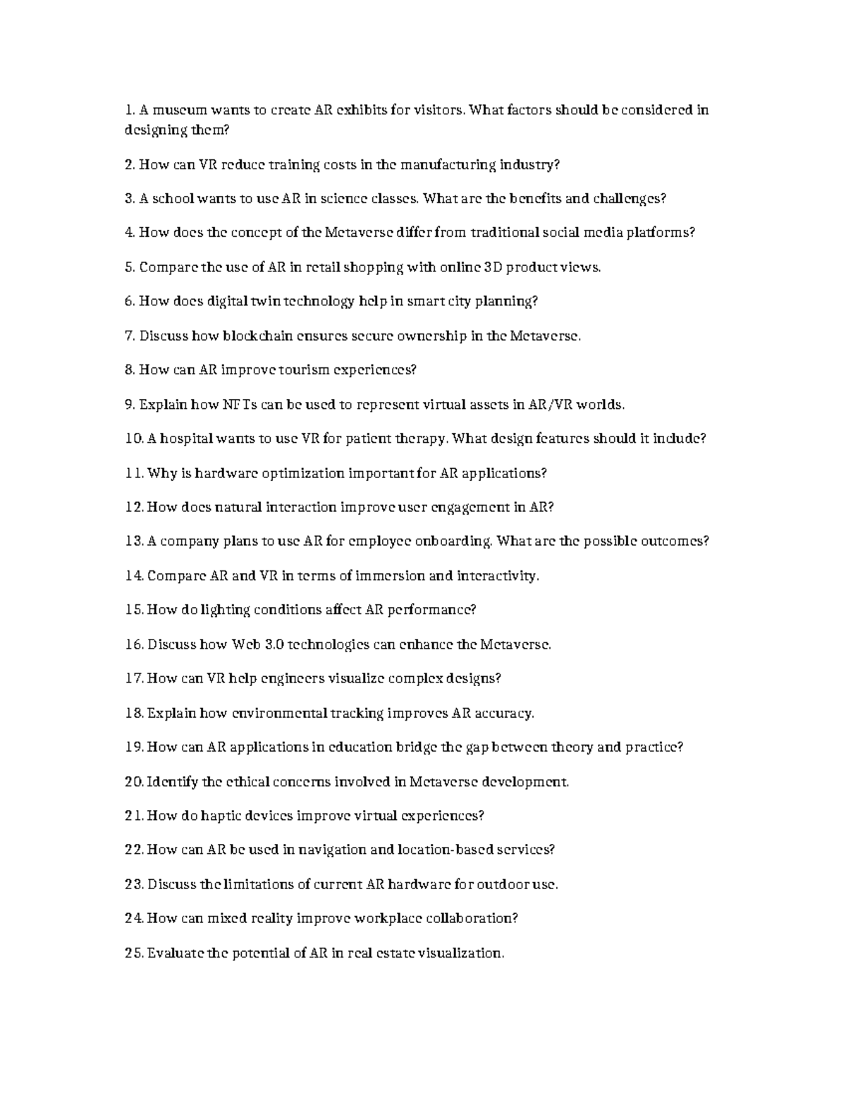 ARVR 130 Case Study Questions: Exploring AR & VR Applications - Studocu