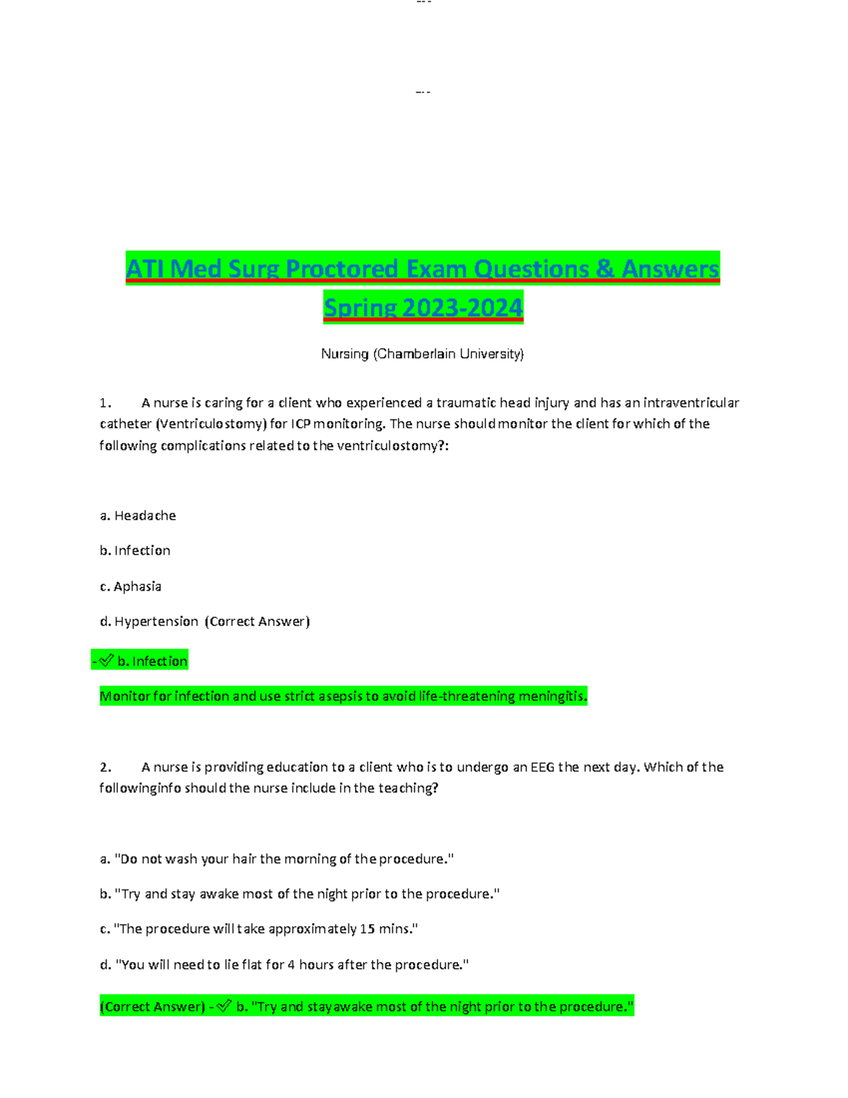 ATI Med Surg Proctored Exam Questions & Answers (Spring Nursing) - Document Preview