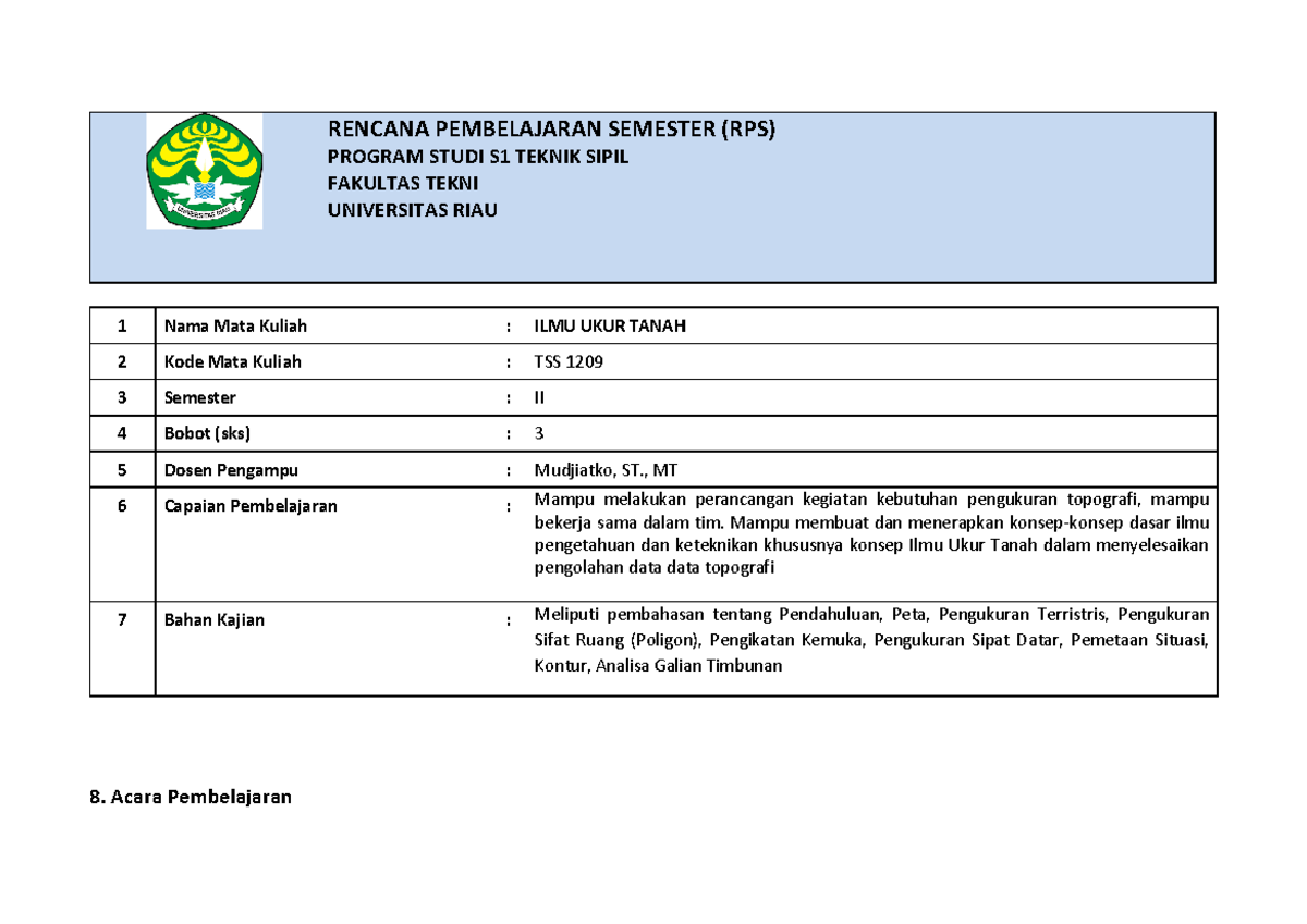 RPS II TSS 1209: Rencana Pembelajaran Semester Ilmu Ukur Tanah - Studocu