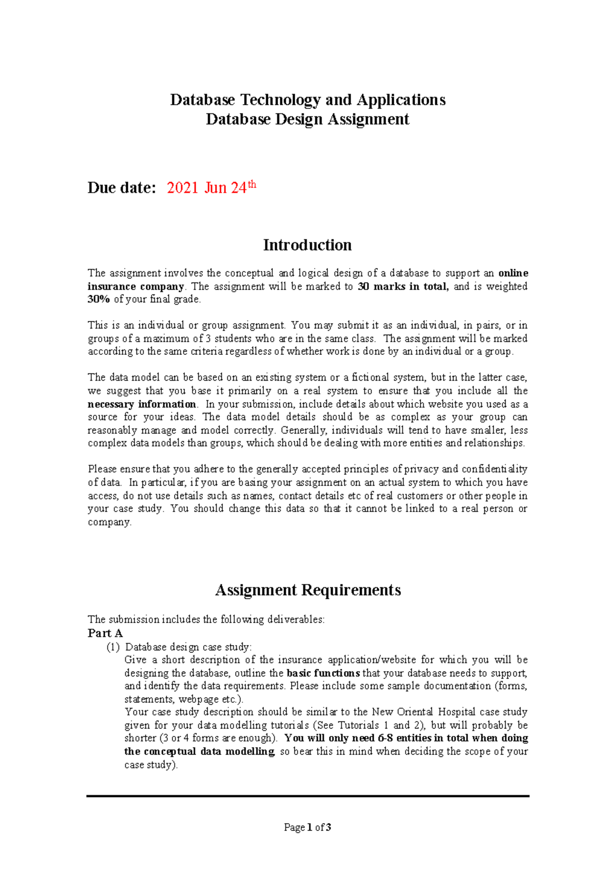2021 DBdesign Assignment data student classe 2 - Page 1 of 3 Database ...