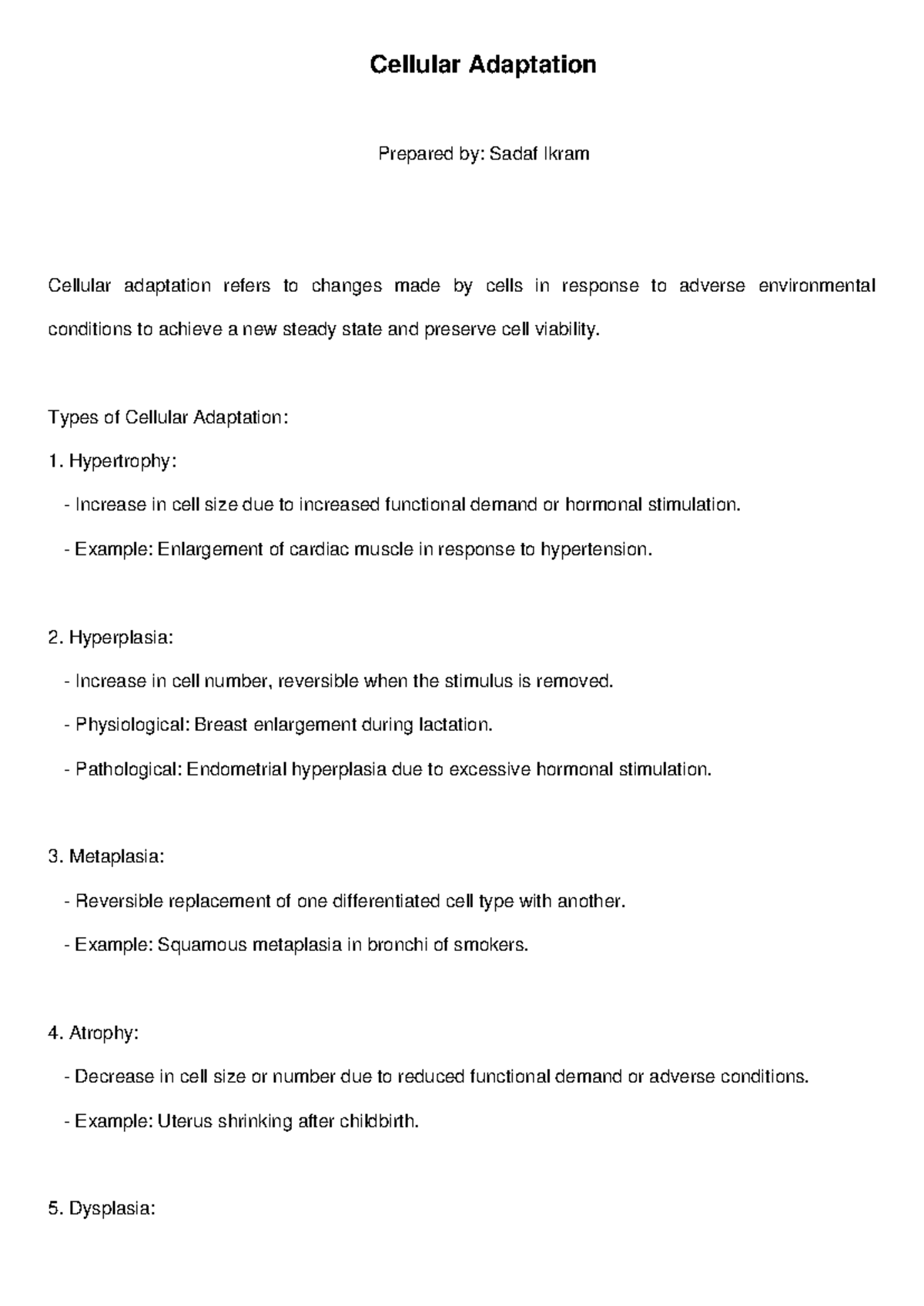 Cellular Adaptation - Nothing - Cellular Adaptation Prepared by: Sadaf ...