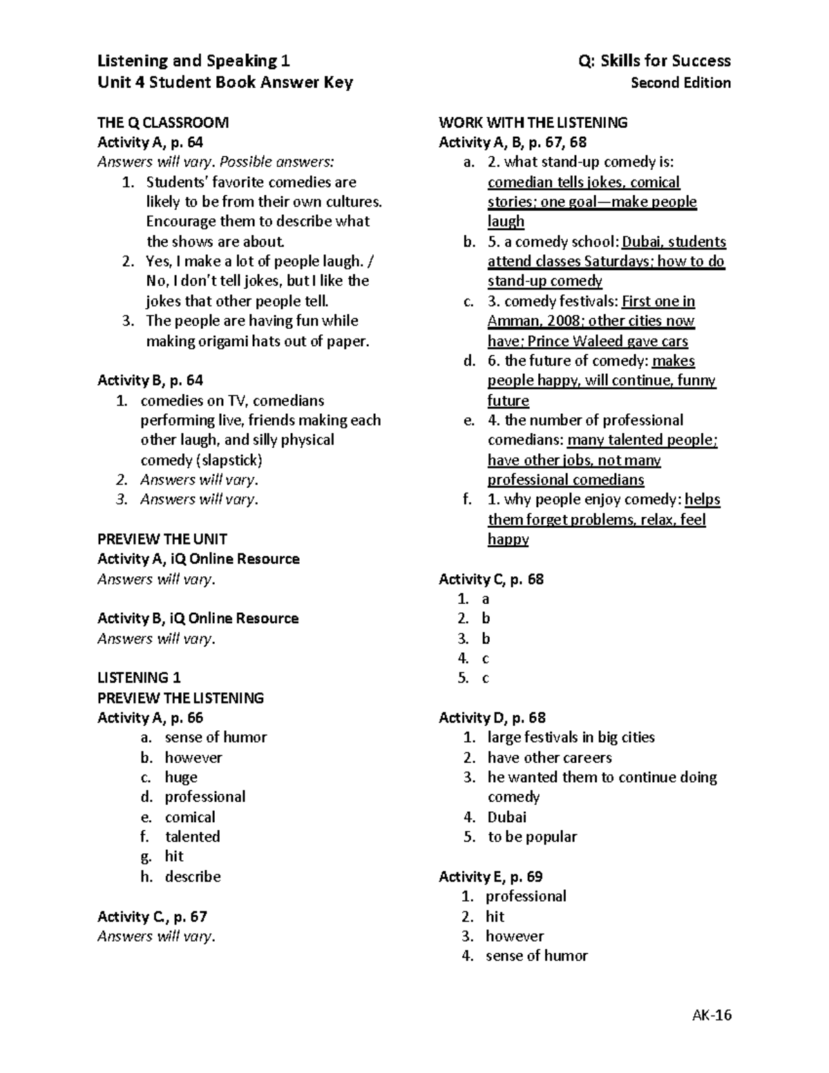 Listening and Speaking 1 Unit 4 Student Book Answer Key - Studocu