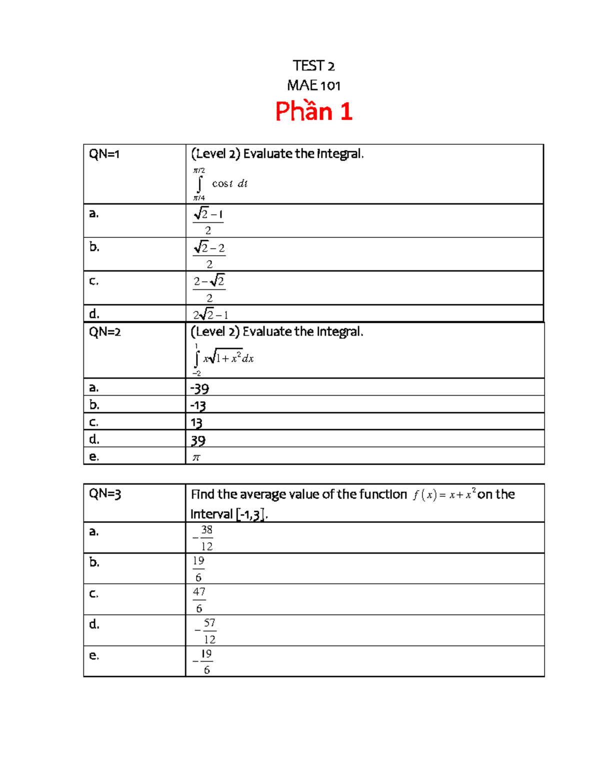 TEST 2 MAE 101 - Integral Evaluation and Function Analysis - Studocu