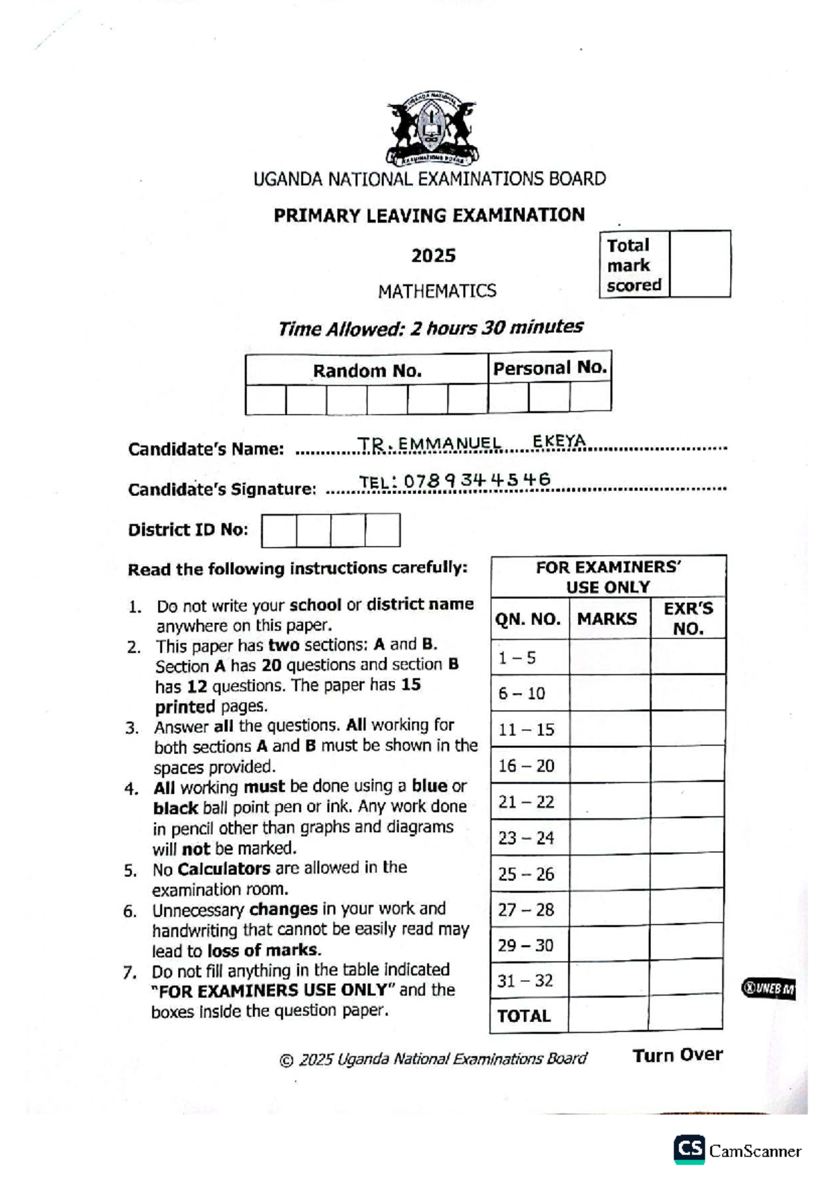 MTC PLE 2025 Mathematics Exam Guide and Instructions - Studocu