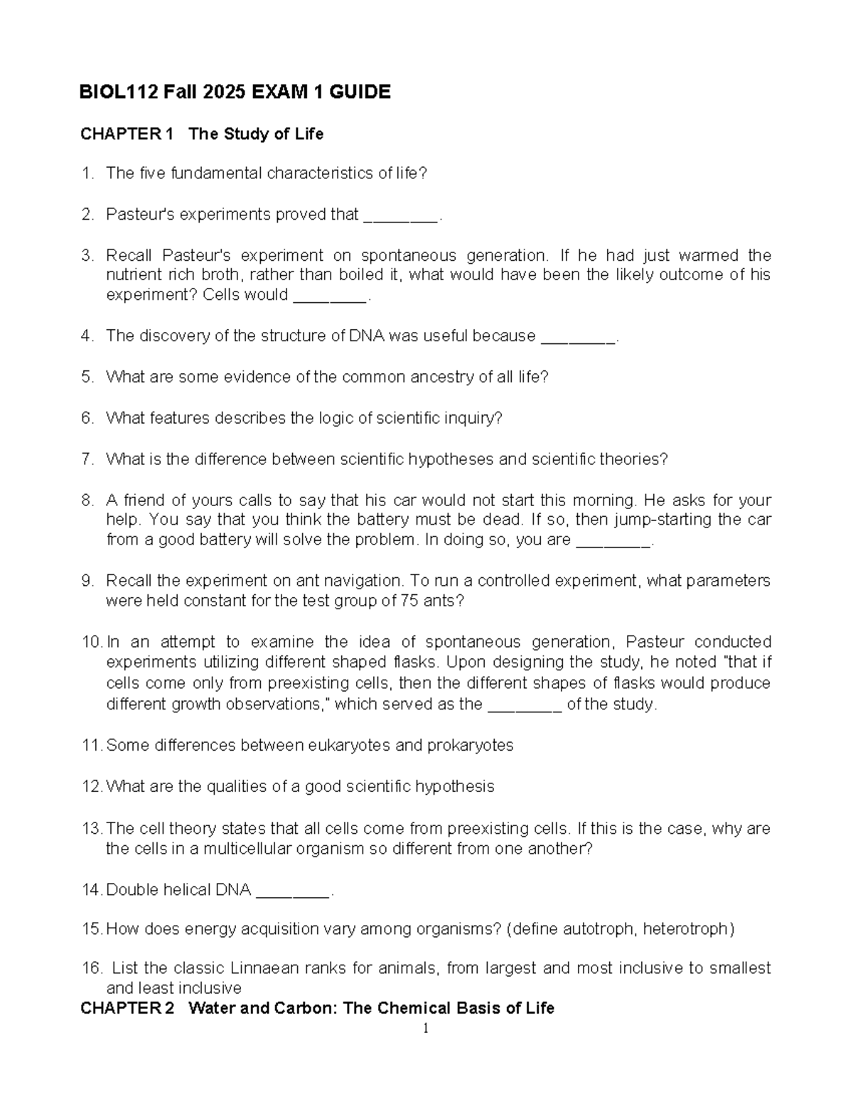 BIOL112 Fall 2025 Exam 1 Study Guide: Life, Water, and Proteins - Studocu