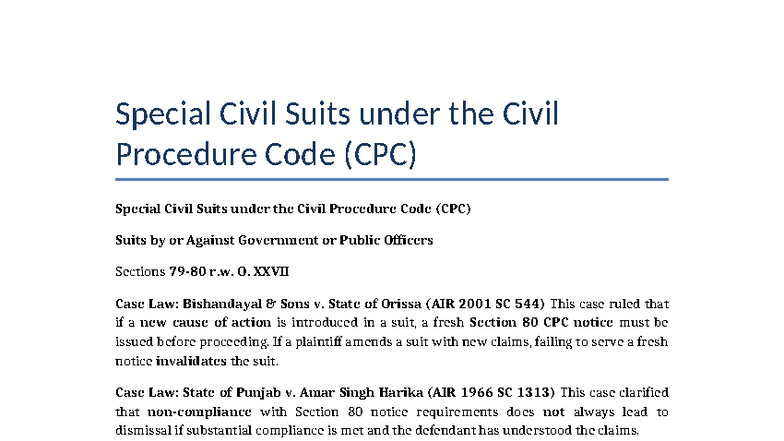 Special Civil Suits under CPC: Key Case Laws and Provisions - Studocu