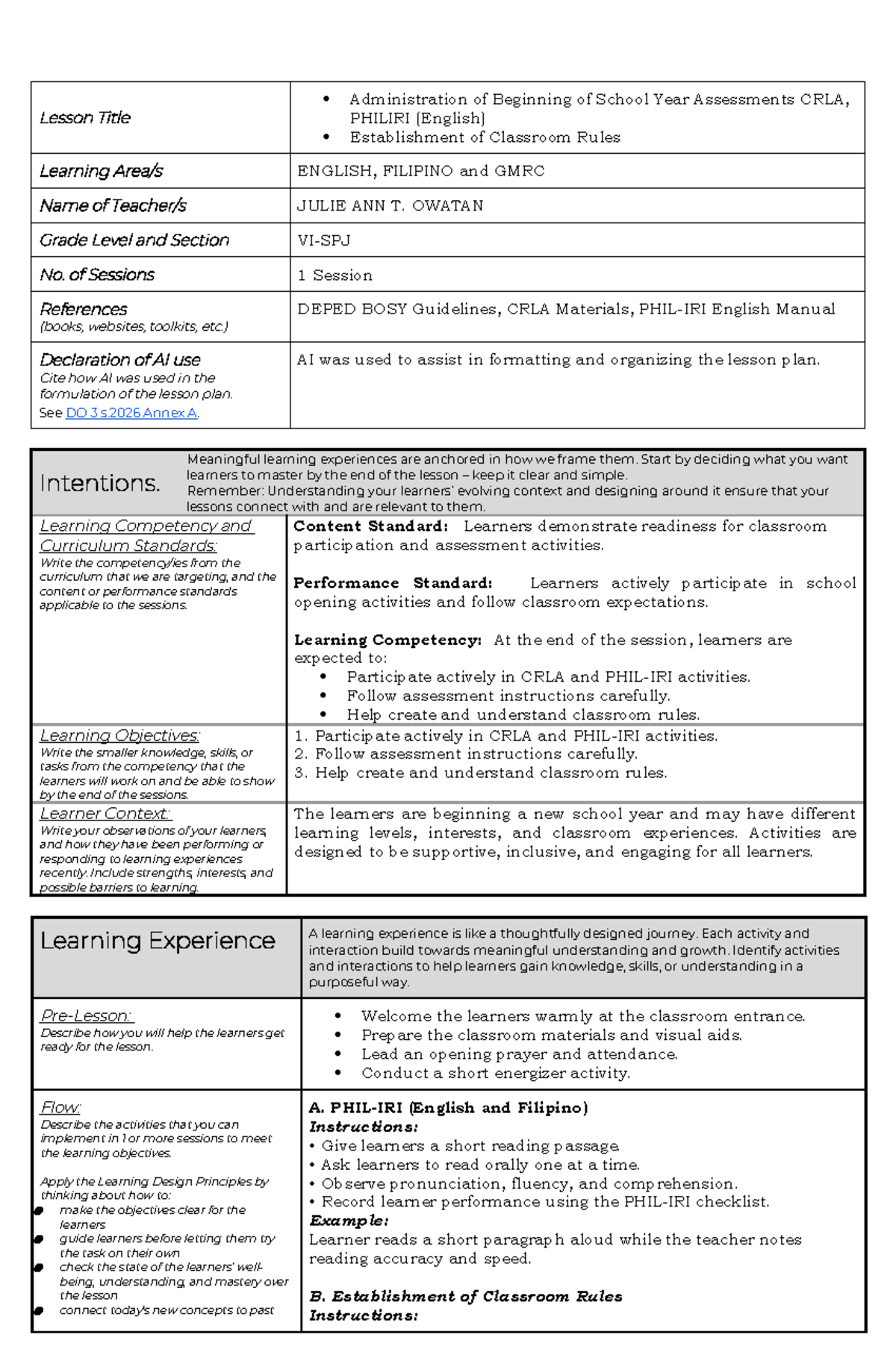 Lesson Plan for Beginning of School Year Assessments CRLA, PHILIRI ...
