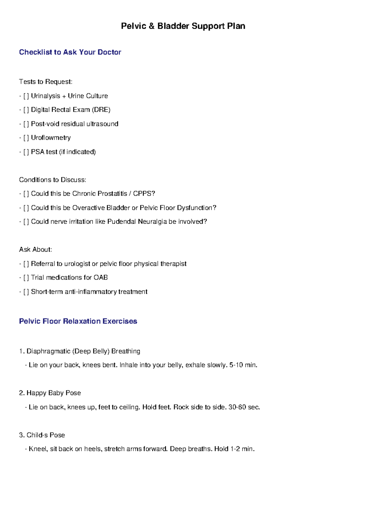 Pelvic Bladder Support Plan Checklist for Doctor Consultation - Studocu