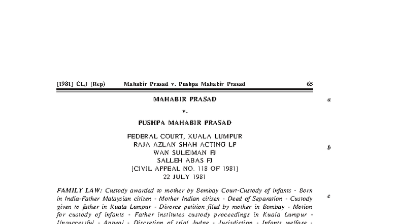 CLJ (Rep) Mahabir Prasad v. Pushpa Mahabir Prasad: Custody Appeal ...