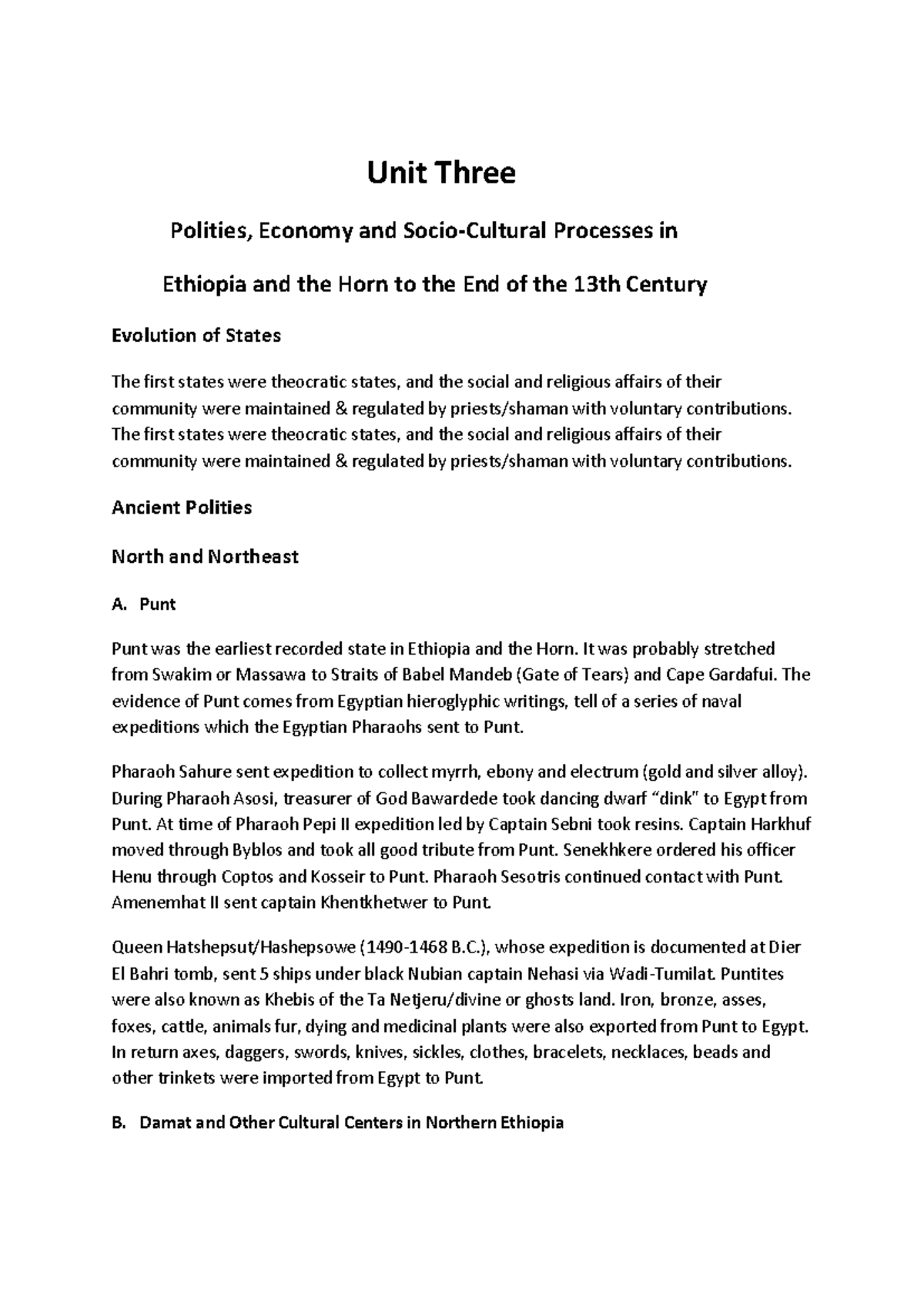 History Lecture Notes 4: Polities & Socio-Cultural Evolution in ...