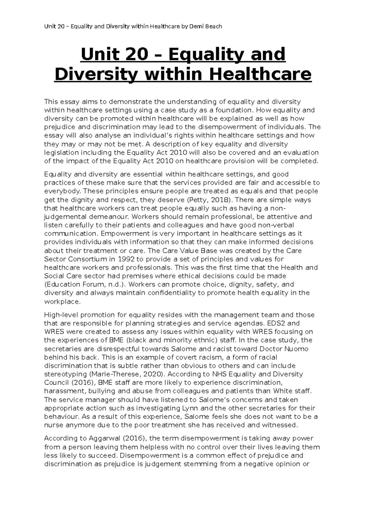Essay on equality - Unit 20 – Equality and Diversity within Healthcare ...