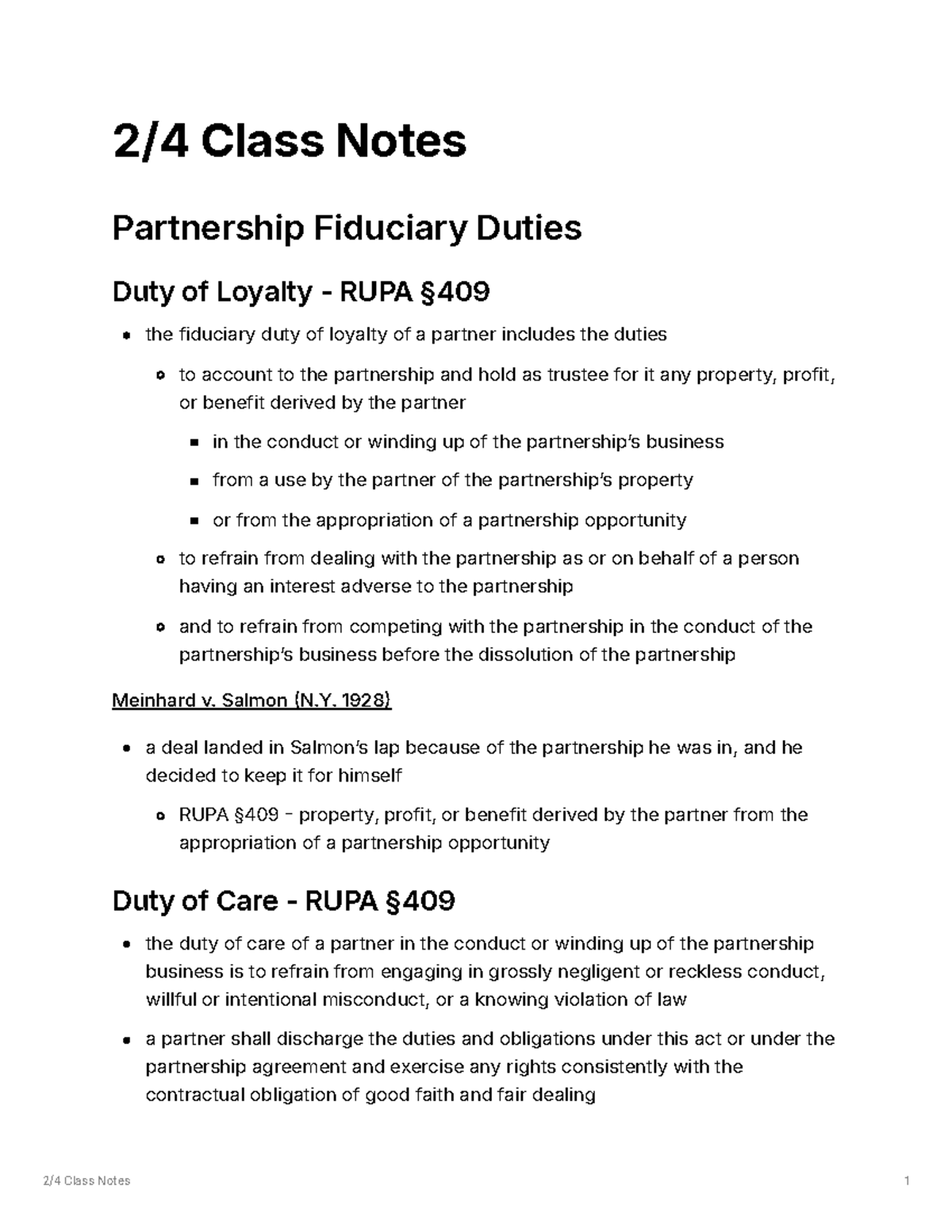 Fiduciary Duties in Partnerships: Class Notes on RUPA & Case Law - 2/4 ...