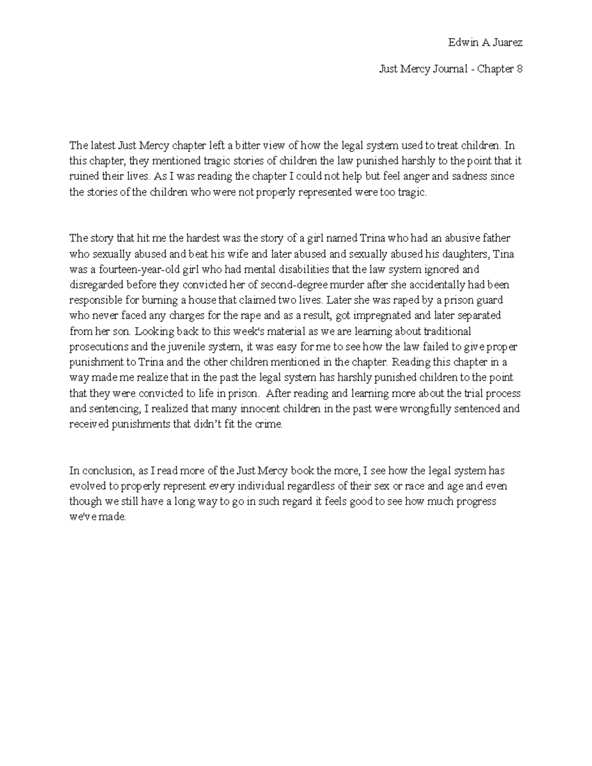 Just Mercy Journal Reflection - Chapter 11 Analysis - Studocu