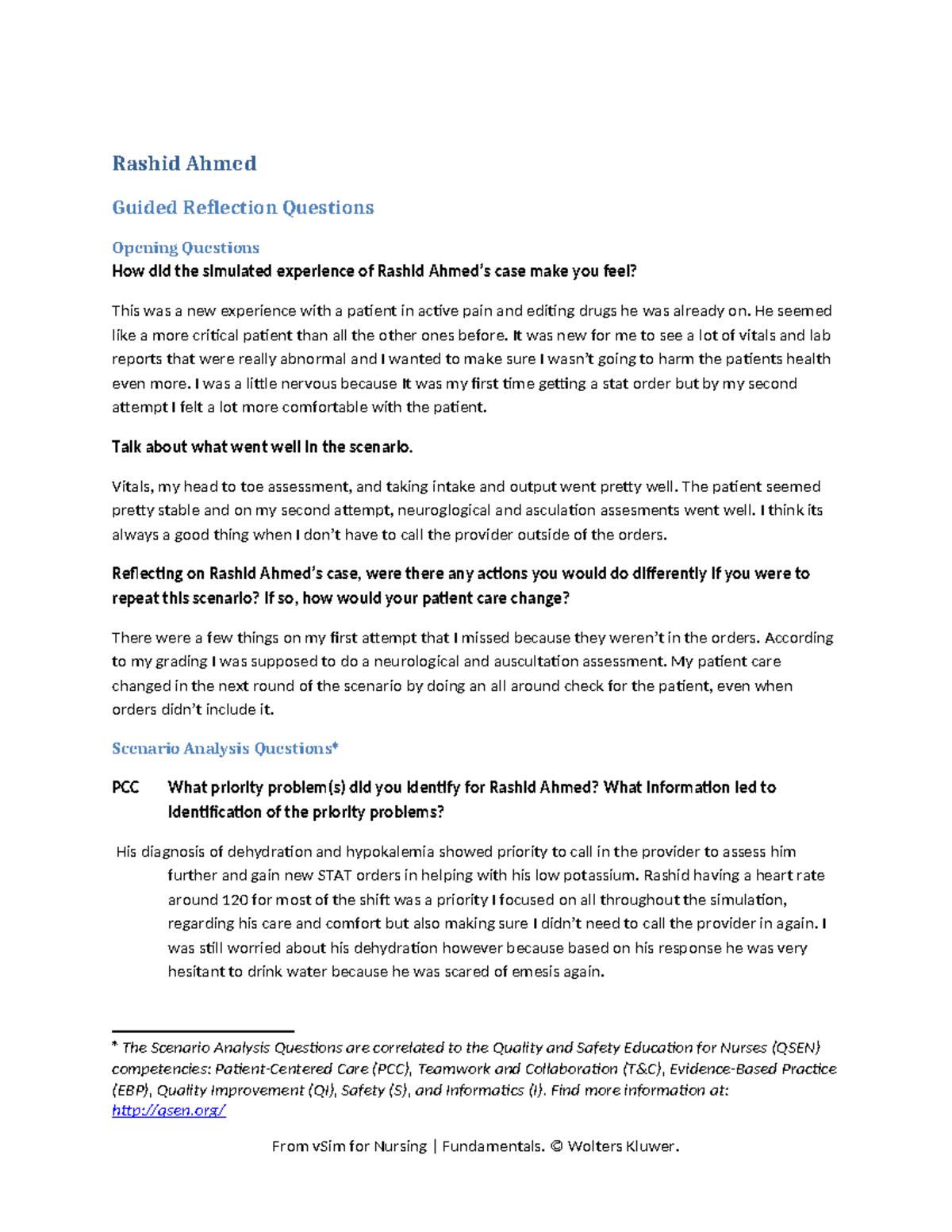 NUR 101: Rashid Ahmed Guided Reflection Questions & Scenario Analysis ...
