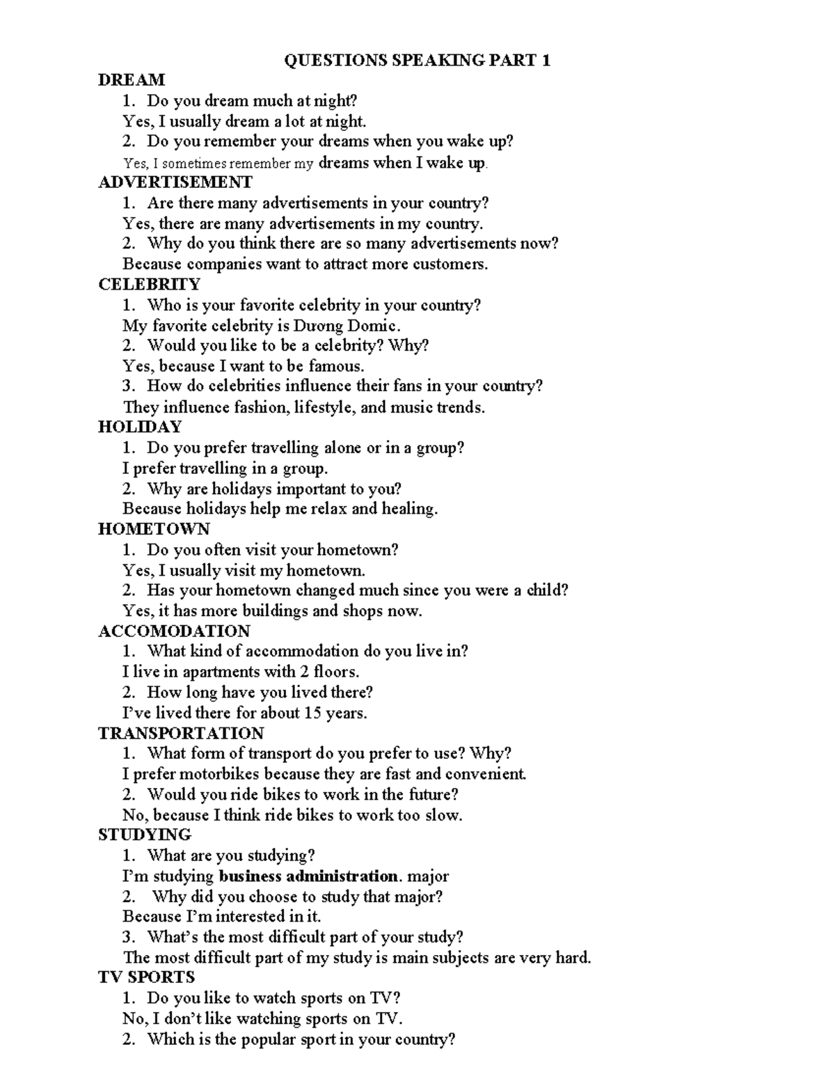 Speaking Part 1 Topics and Questions for Practice - Studocu