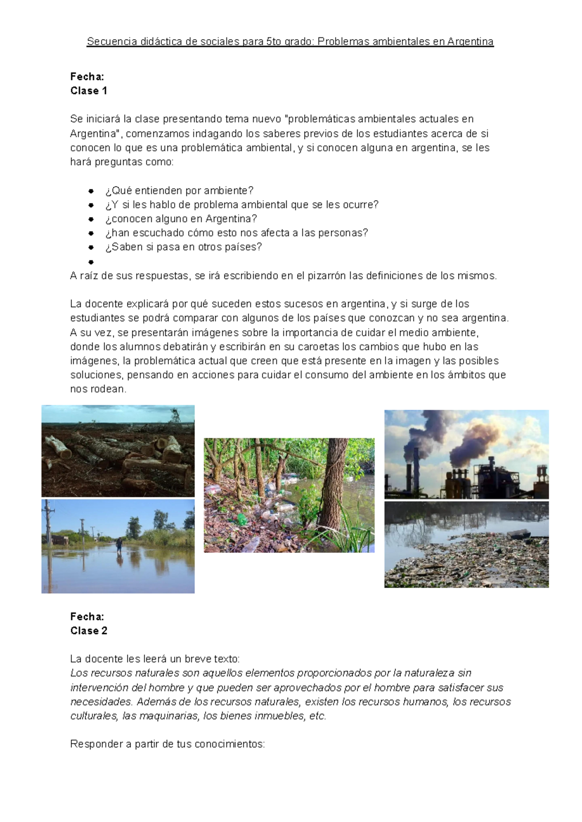 Secuencia didáctica: Problemas ambientales en Argentina para 5to grado - Document Preview