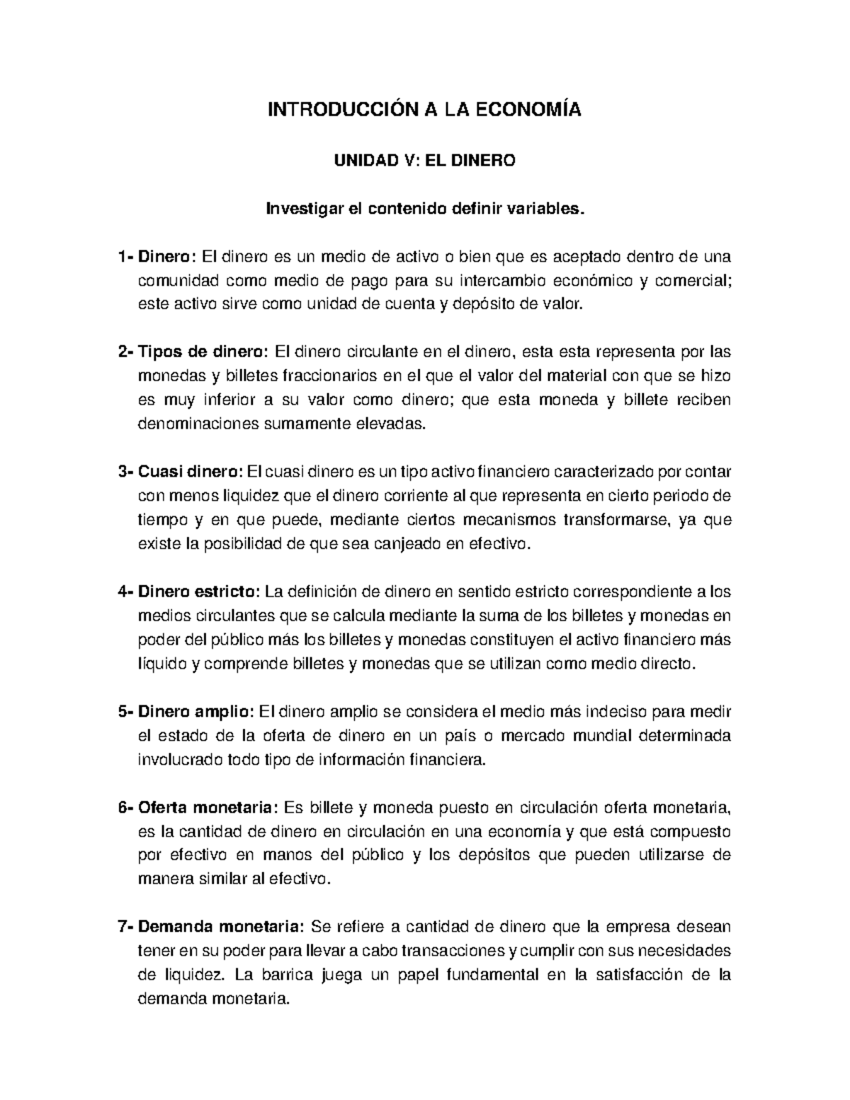 Introducción a la Economía: Unidad V - El Dinero y sus Tipos - Studocu