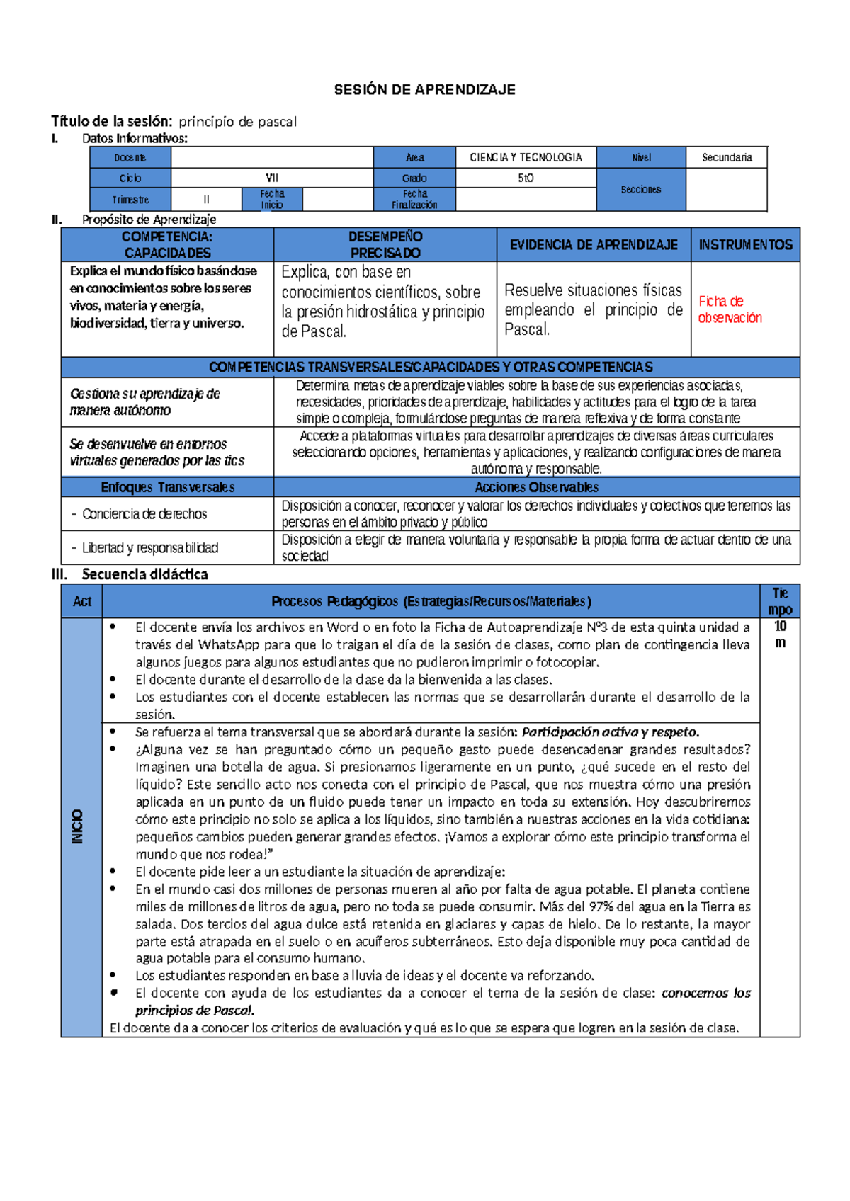 5to Grado - Sesión de Aprendizaje: Principio de Pascal - Document Preview