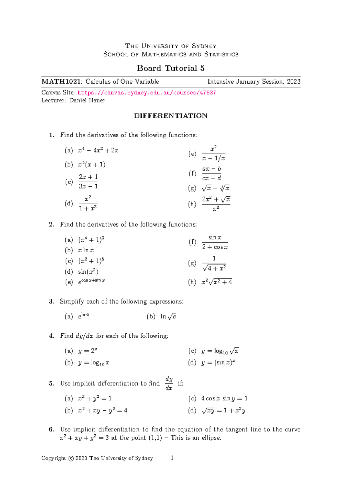 Tutorial Worksheet 5 - The University of Sydney School of Mathematics ...