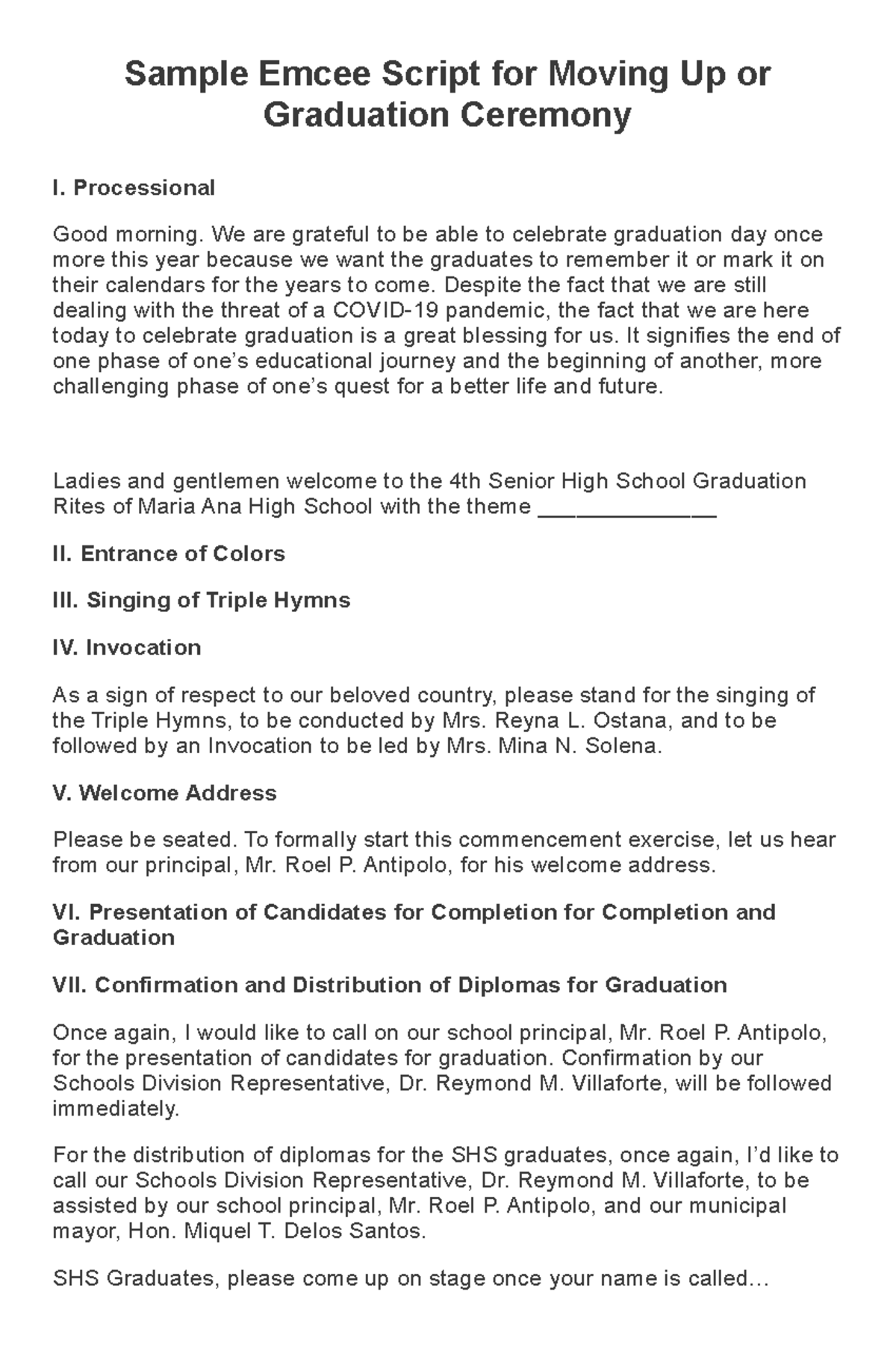 Emcee Script for SHS Graduation Ceremony (Moving Up) - Studocu