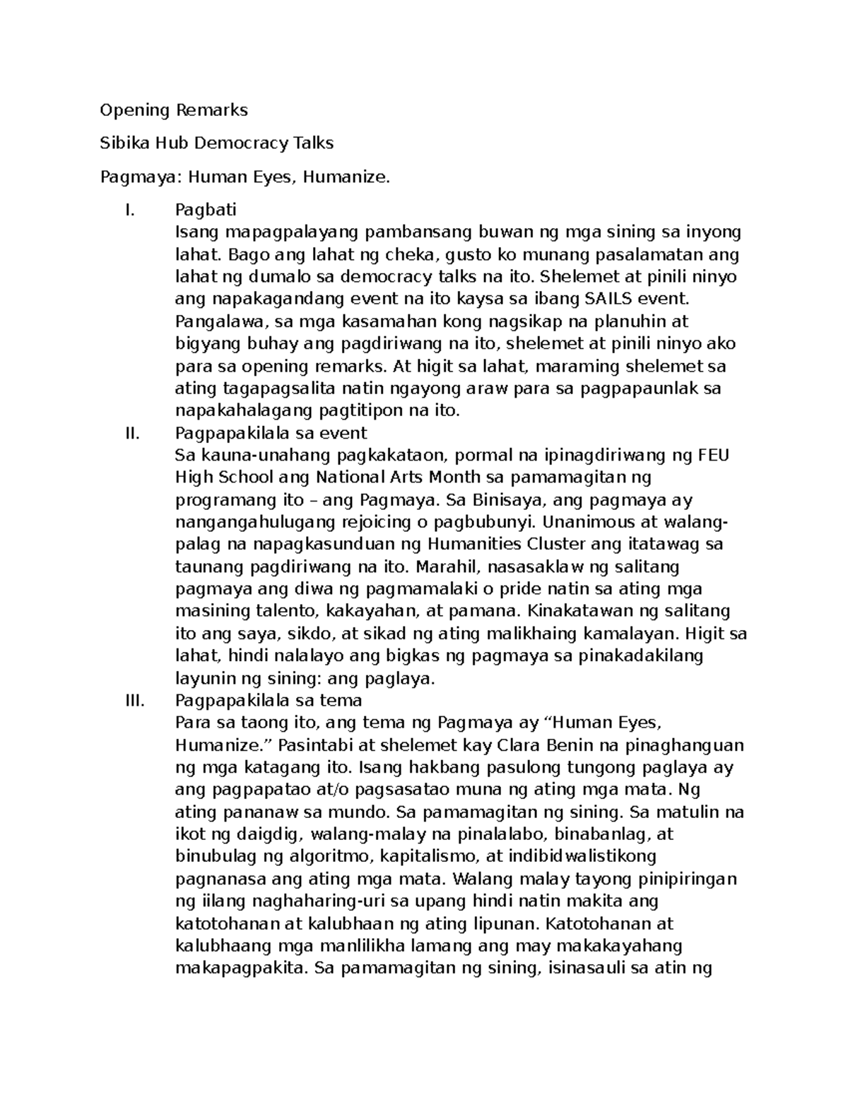 Pagmaya: Opening Remarks for Democracy Talks (SIBIKA 101) - Studocu