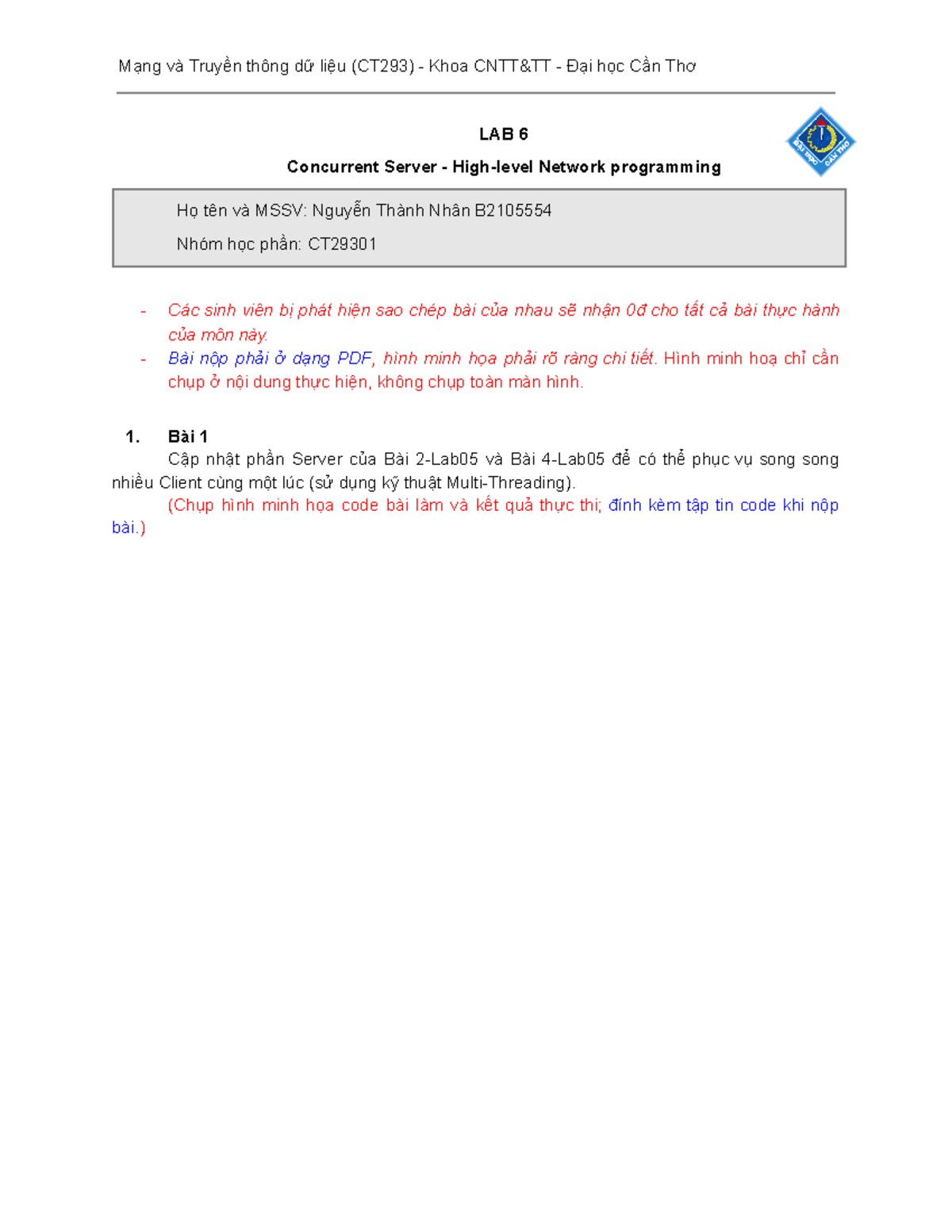 Mạng-TTDL Lab6 B2105554 - LAB 6 Concurrent Server - High-level Network ...