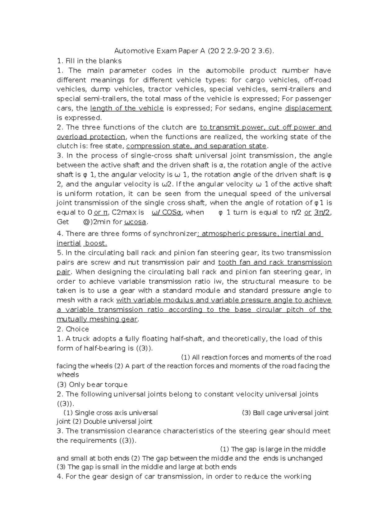 Automotive Exam Paper A (20 2 2-20 2 3): Key Concepts and Problems ...