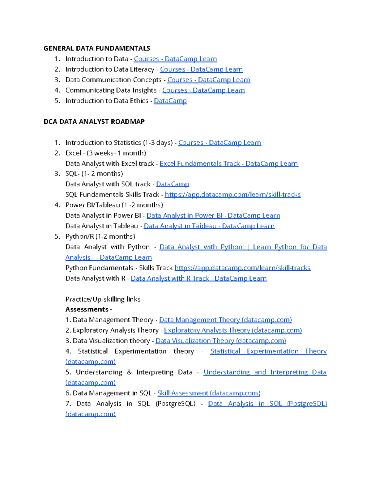 DCA DataCamp Roadmap: Comprehensive Guide to Data Skills - Studocu