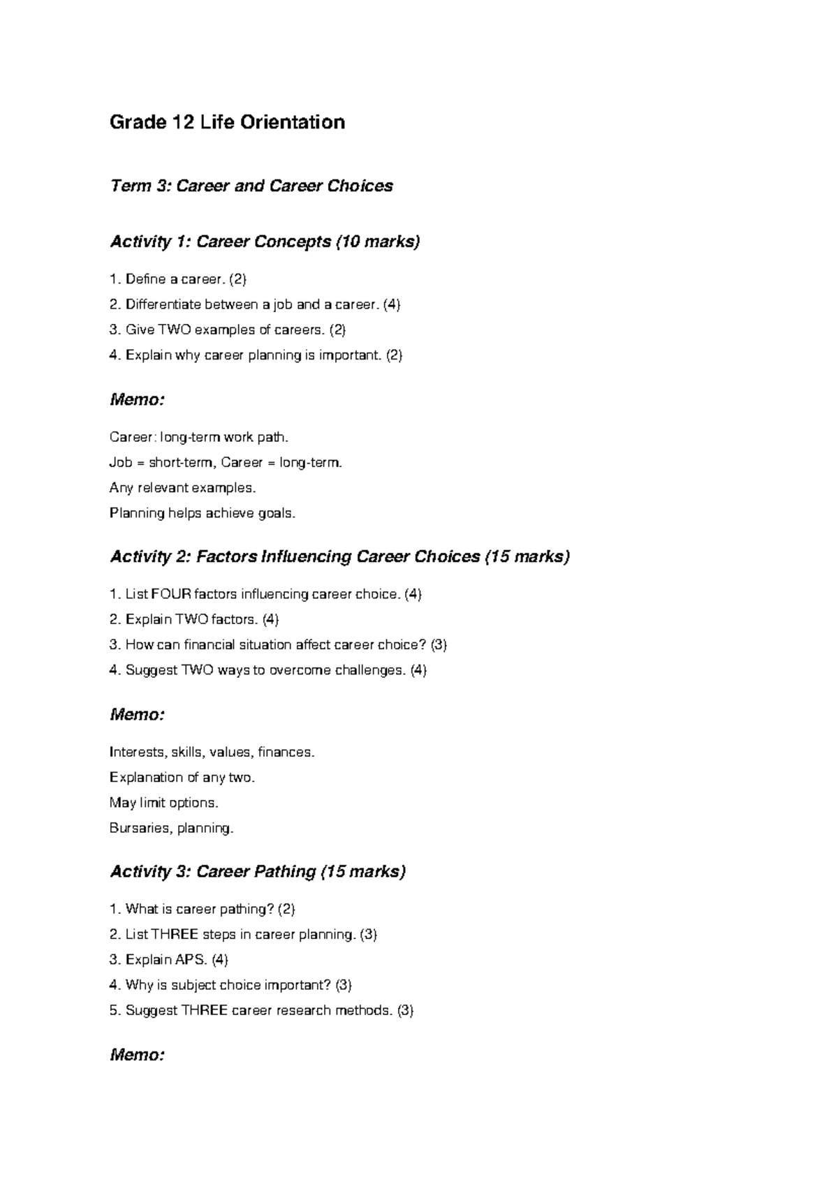 Grade 12 LO Term 3: Career Concepts & Influencing Factors Notes - Studocu