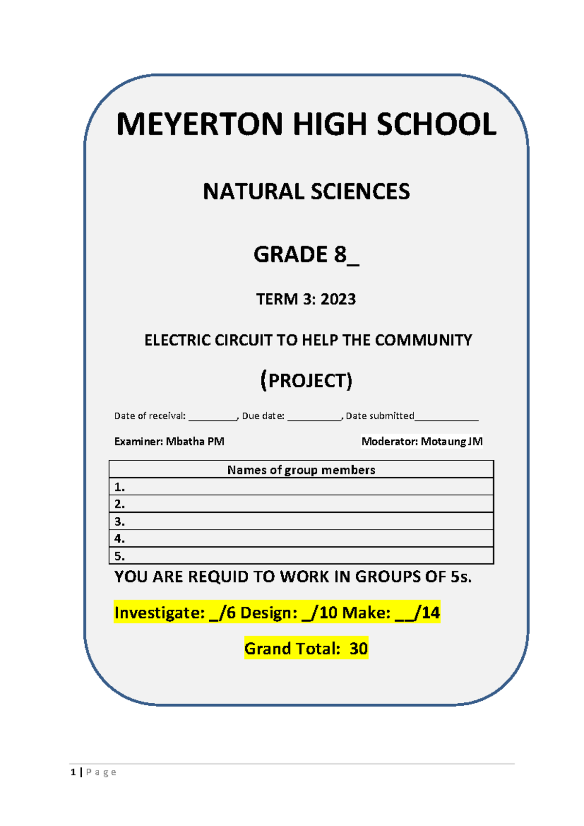 NS Project GRD 8 Term 3 2023: Electric Circuit Design for Community ...