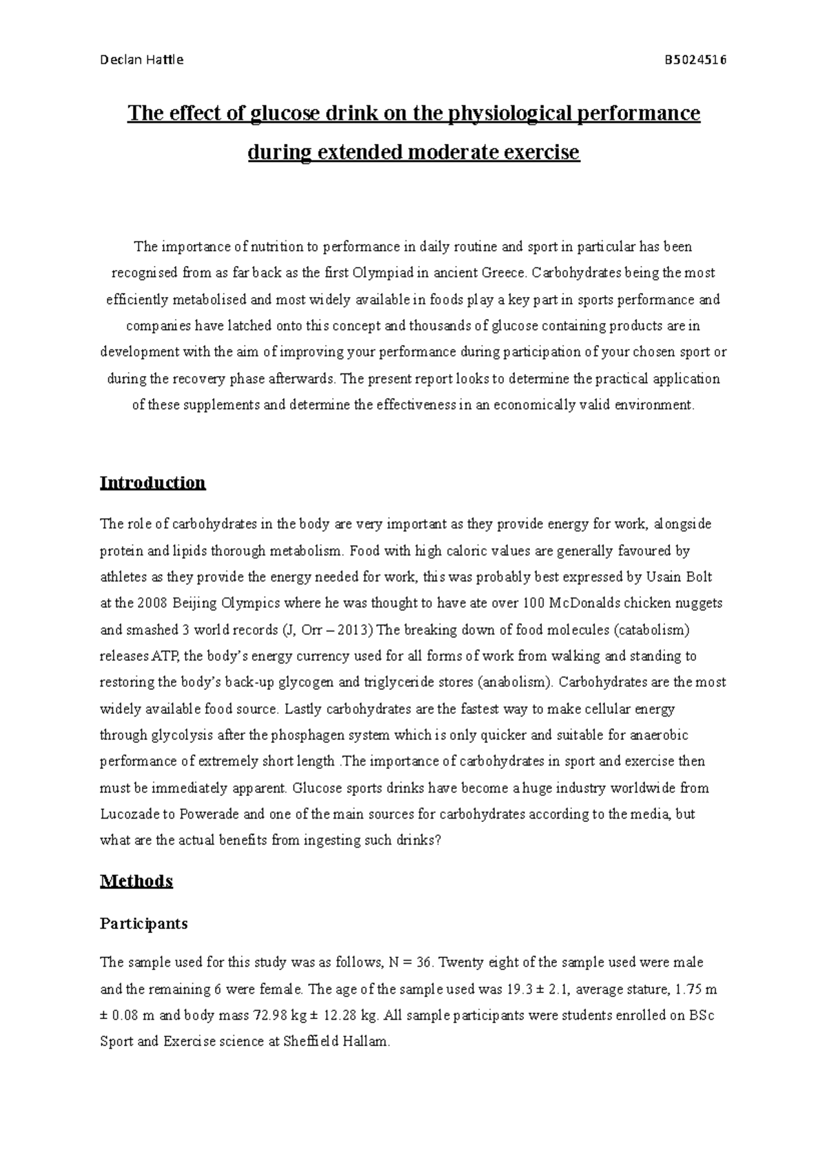 BSc Sports Science: Assessment 2 Lab Report on Glucose Drink Effects ...
