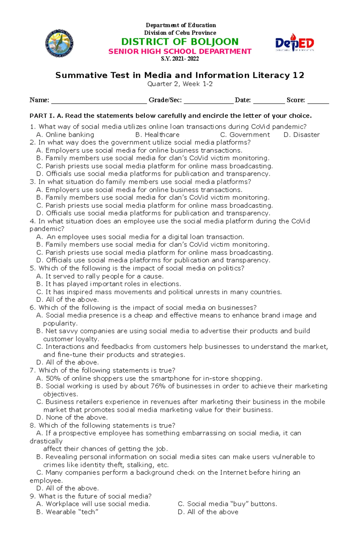 Media and Information Literacy 12 Summative TEST Q2 W5-6 - Department ...