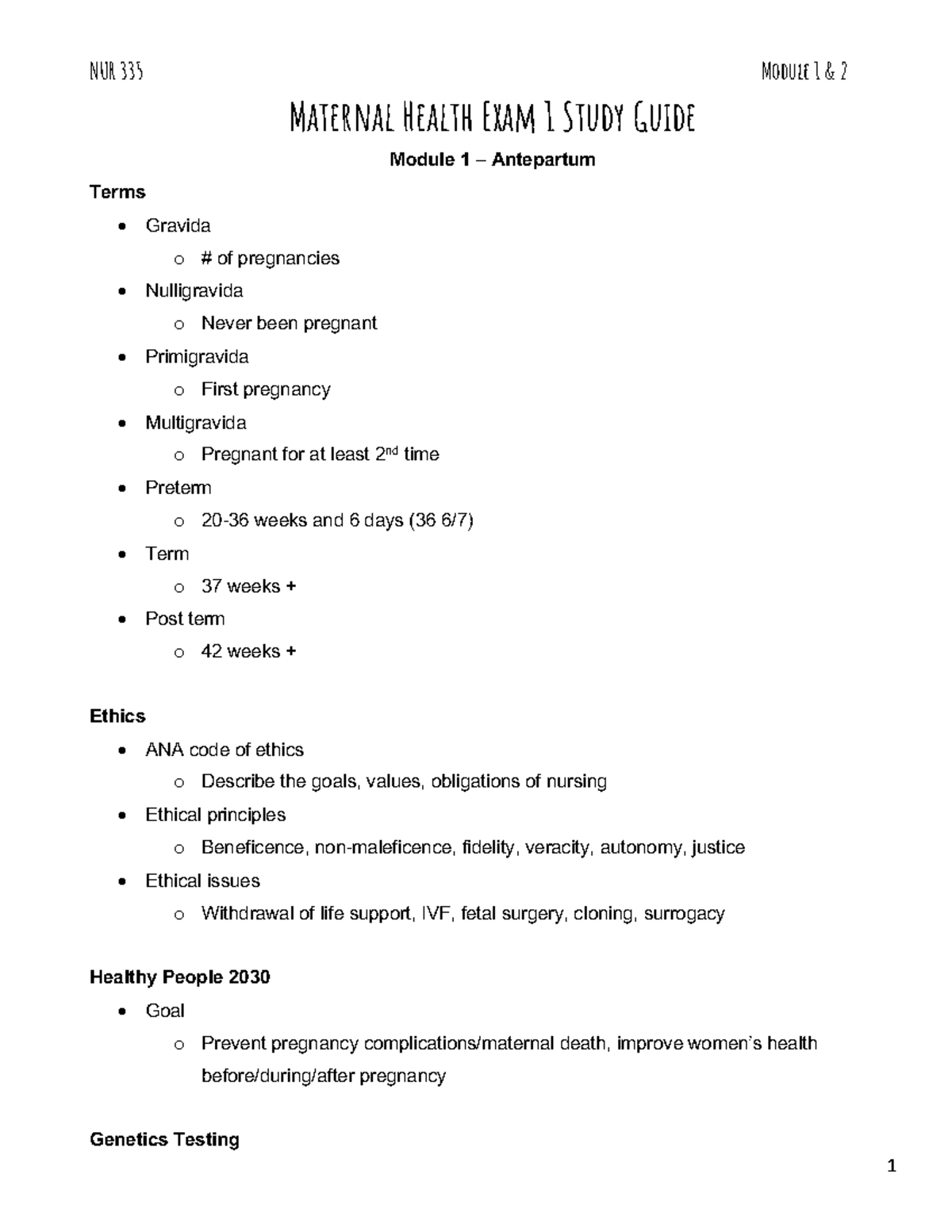 NUR 335 Maternal Health Exam 1 Comprehensive Study Guide - Studocu