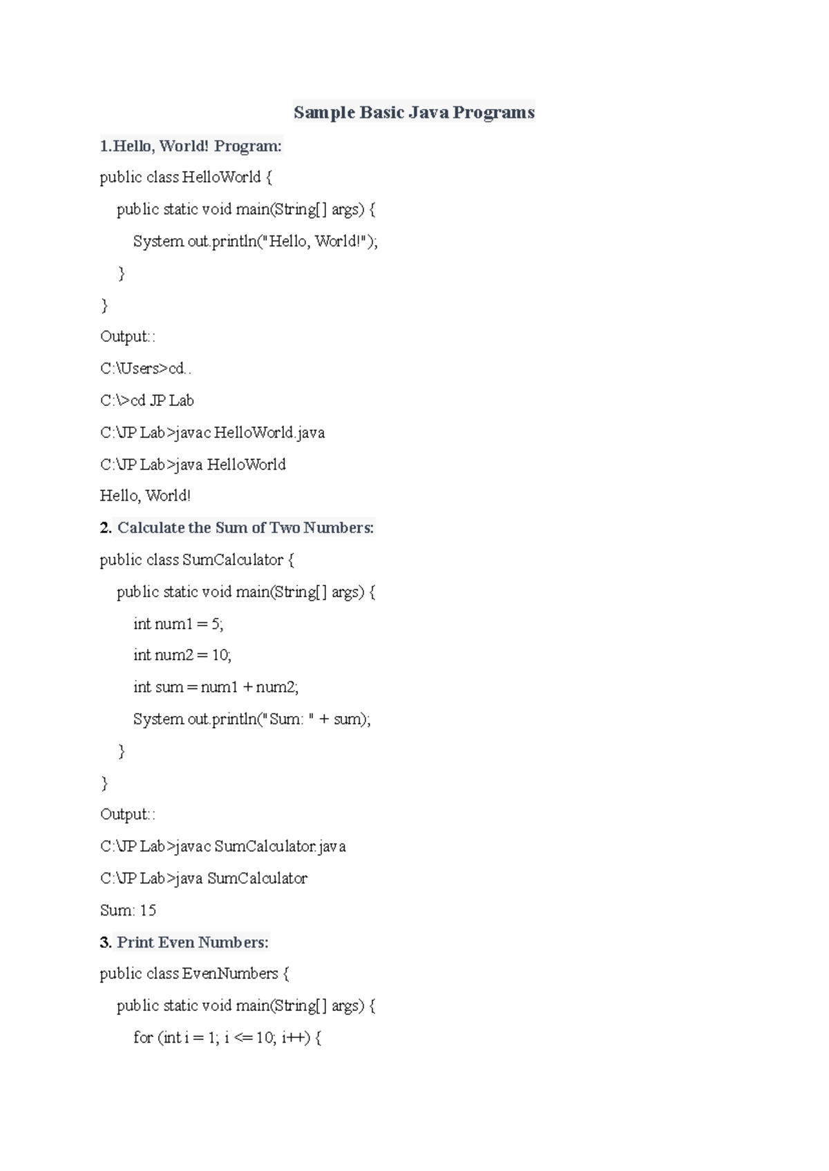 Basic java programs - java - Sample Basic Java Programs 1, World ...