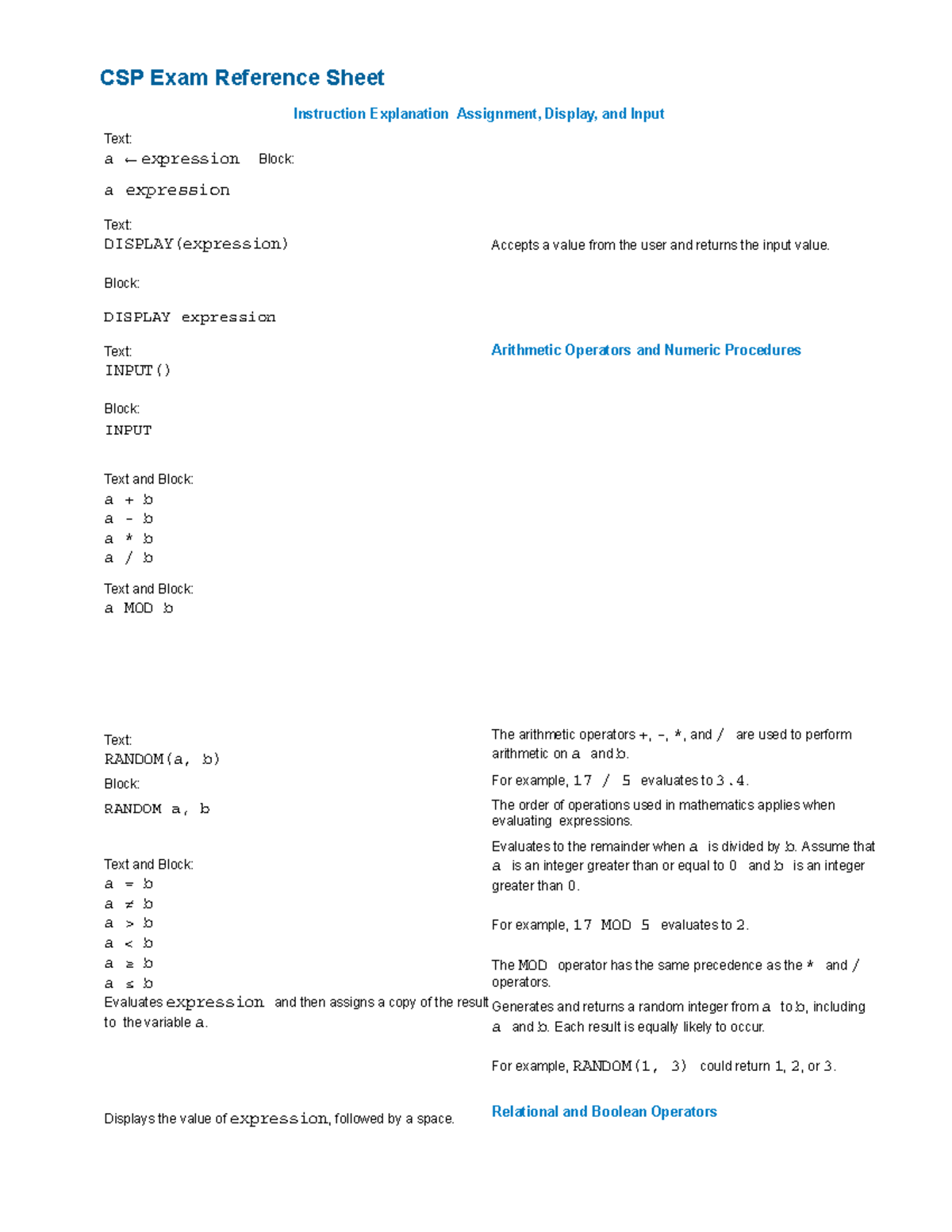 CSP Exam Reference Sheet: Instruction & Explanation Guide - Studocu