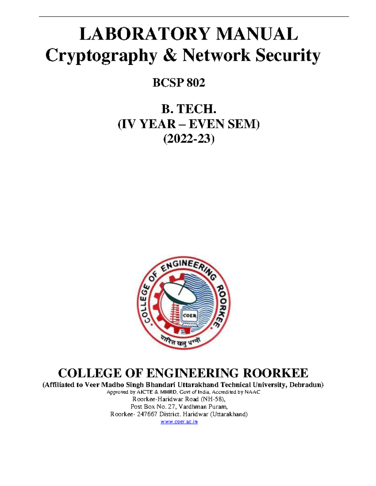 CS6711 Laboratory Manual: Cryptography Techniques and Implementations ...