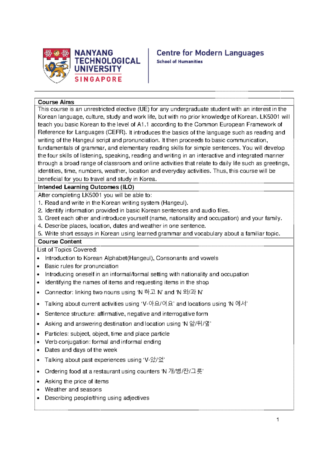 LK5001 Basic Korean Language Lecture Notes and Course Overview - Studocu