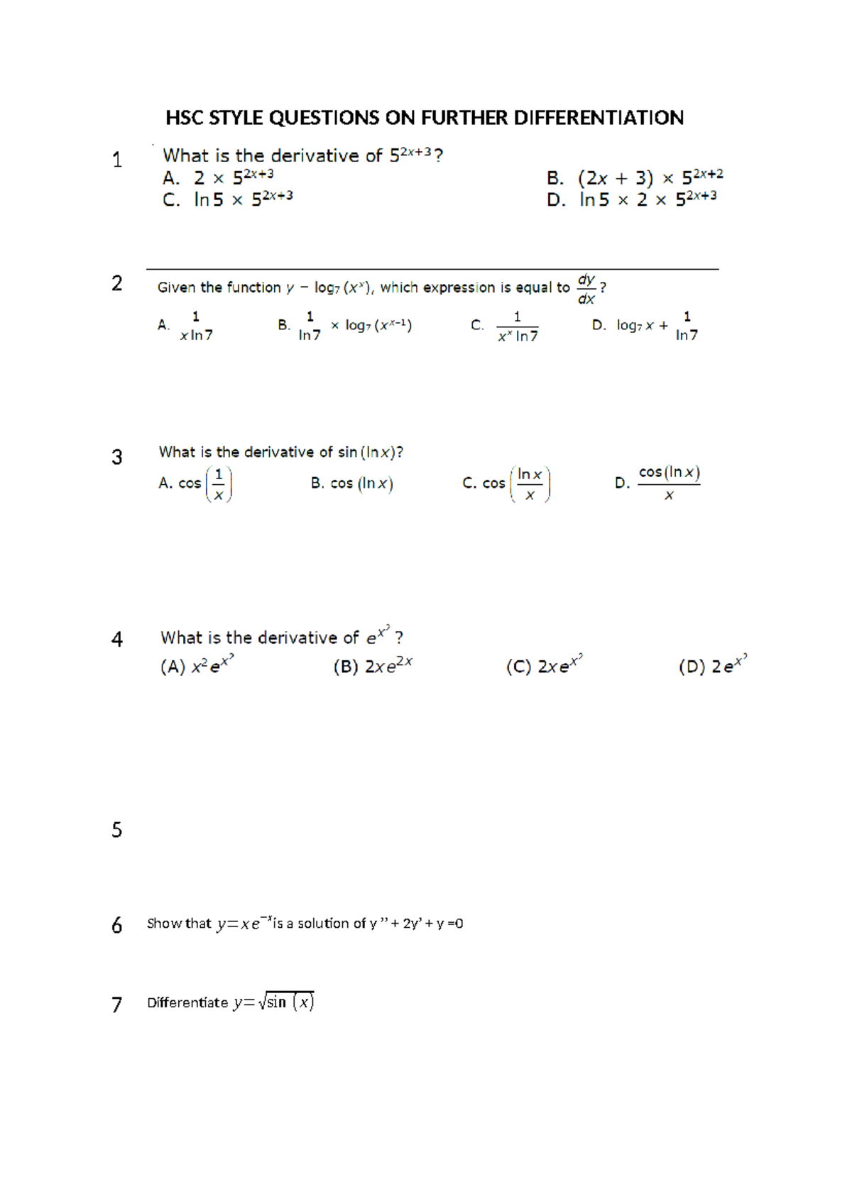 HSC Style Questions ON Further Differentiation - HSC STYLE QUESTIONS ON ...