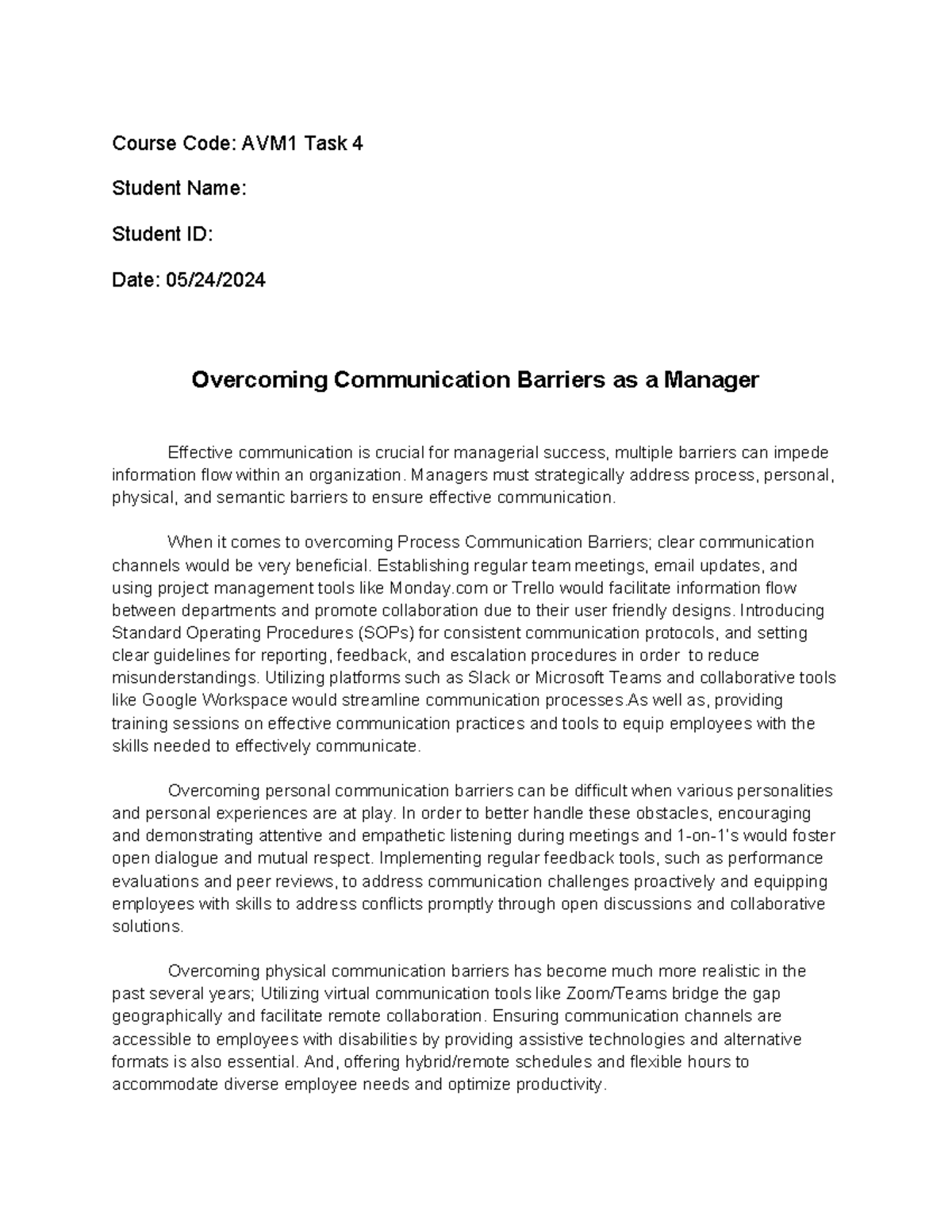 Avm1 task 4 - 2024/25 - Course Code: AVM1 Task 4 Student Name: Student ...
