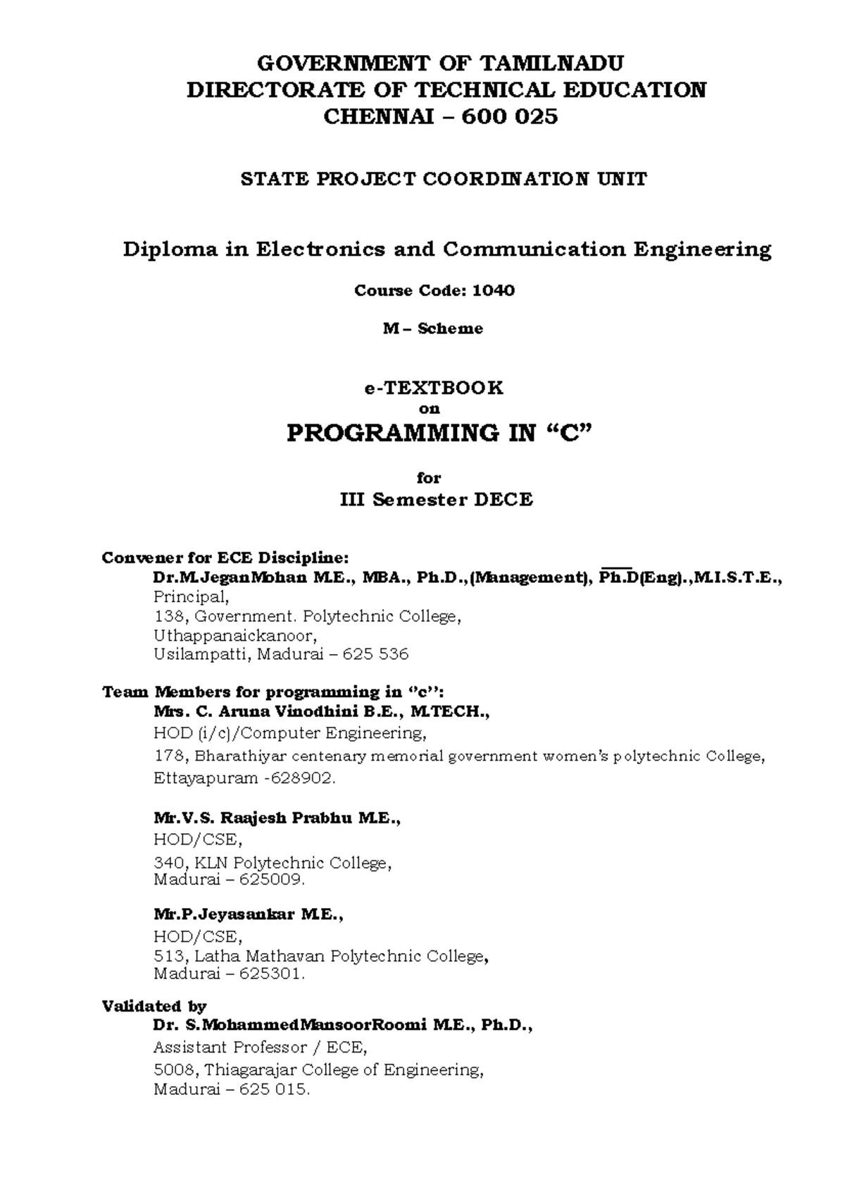 Programming in C - Diploma in ECE (Course Code: 1040) - Studocu