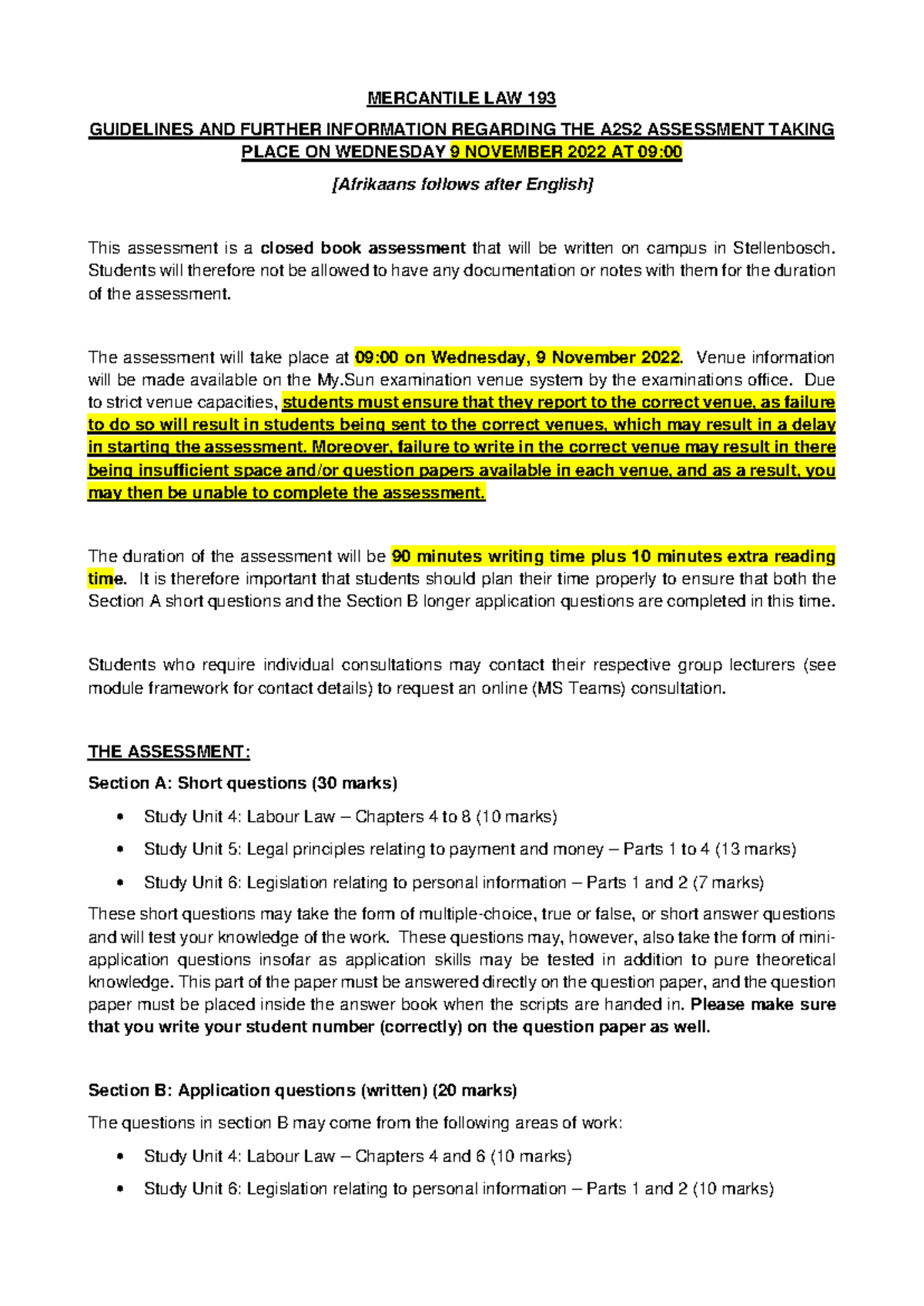 MERCANTILE LAW 193 A2S2 Assessment Guidelines (Final Exam 2022) - Studocu
