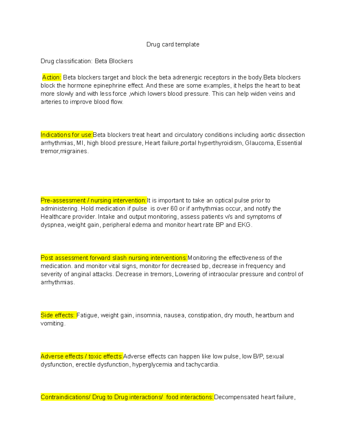 Beta Blockers Drug Card: Uses, Effects, and Nursing Considerations ...