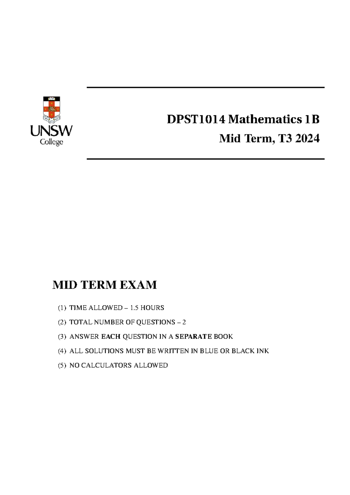 2024 T3 DPST1014 Mathematics 1B Mid-Term Exam Review Notes - Studocu