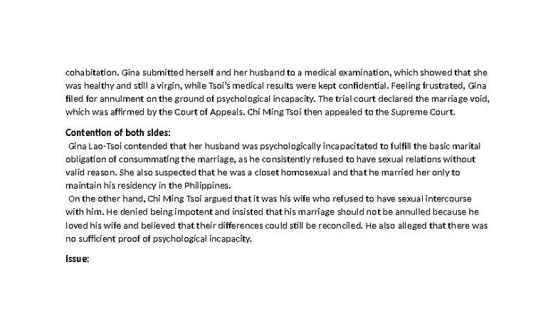 ECRC2 Cohabitation Case Study: Psychological Incapacity Appeal - Studocu