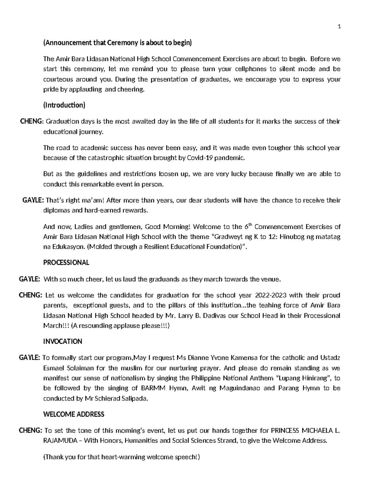 Commencement Script for GRAD 2023 at Amir Bara Lidasan High School ...