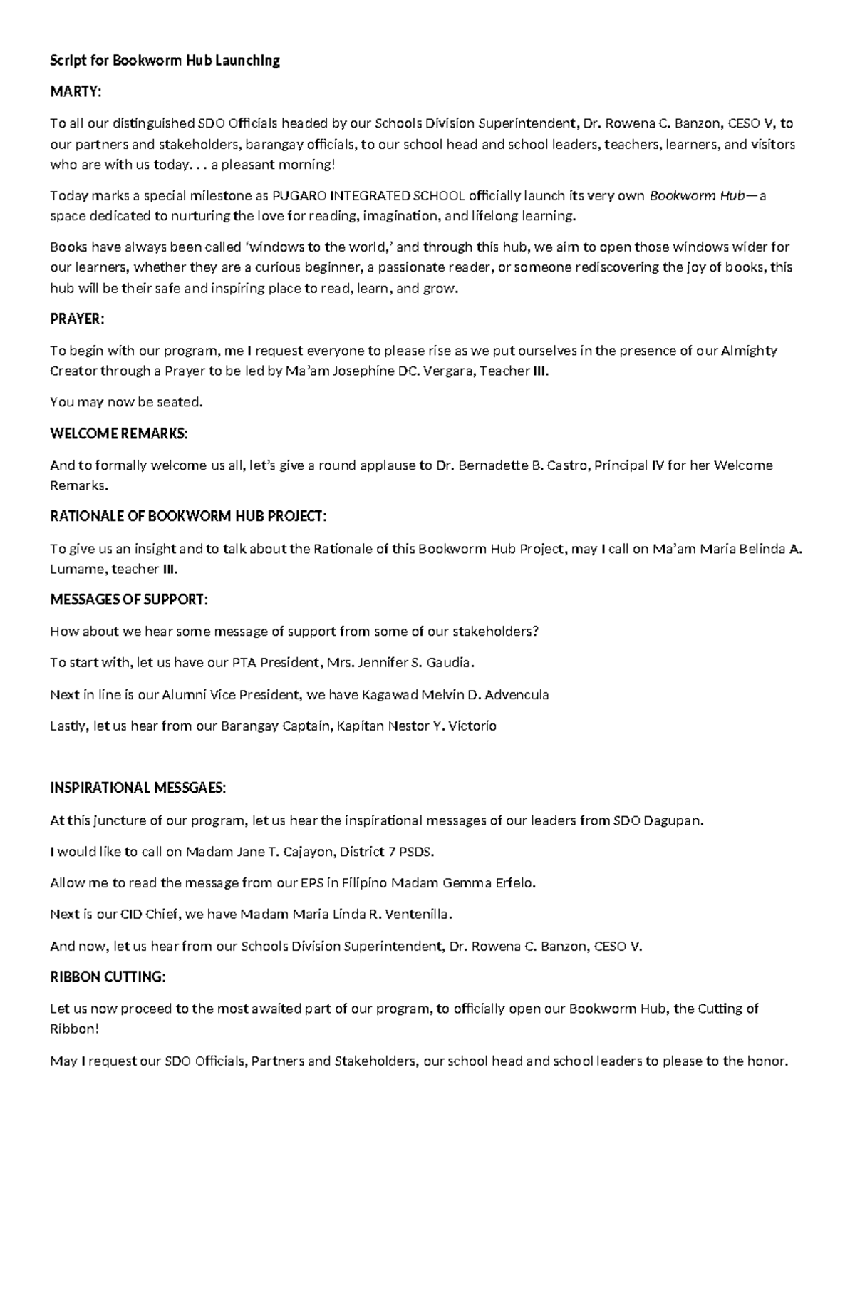 Bookworm Hub Launch Script: A Milestone for Pugaro Integrated School ...