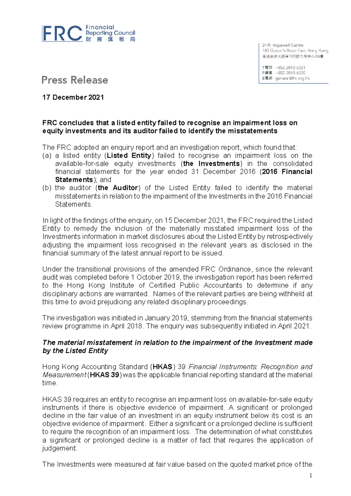 Frc press release frc impairment loss en - 17 December 2021 FRC ...