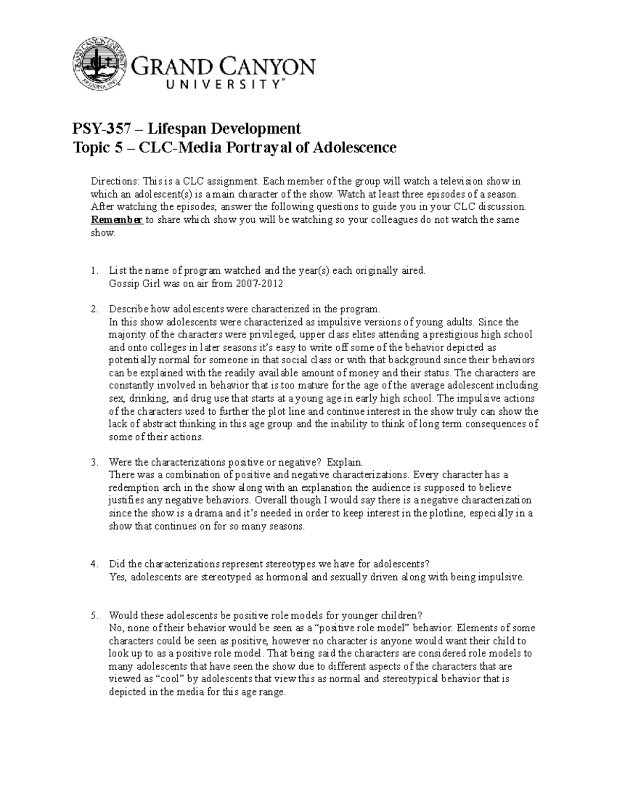 PSY-357 CLC Assignment: Media Portrayal of Adolescence Analysis - Studocu