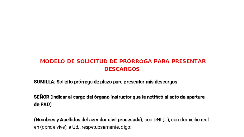 Modelo de Solicitud de Prórroga para Presentar Descargos - Studocu